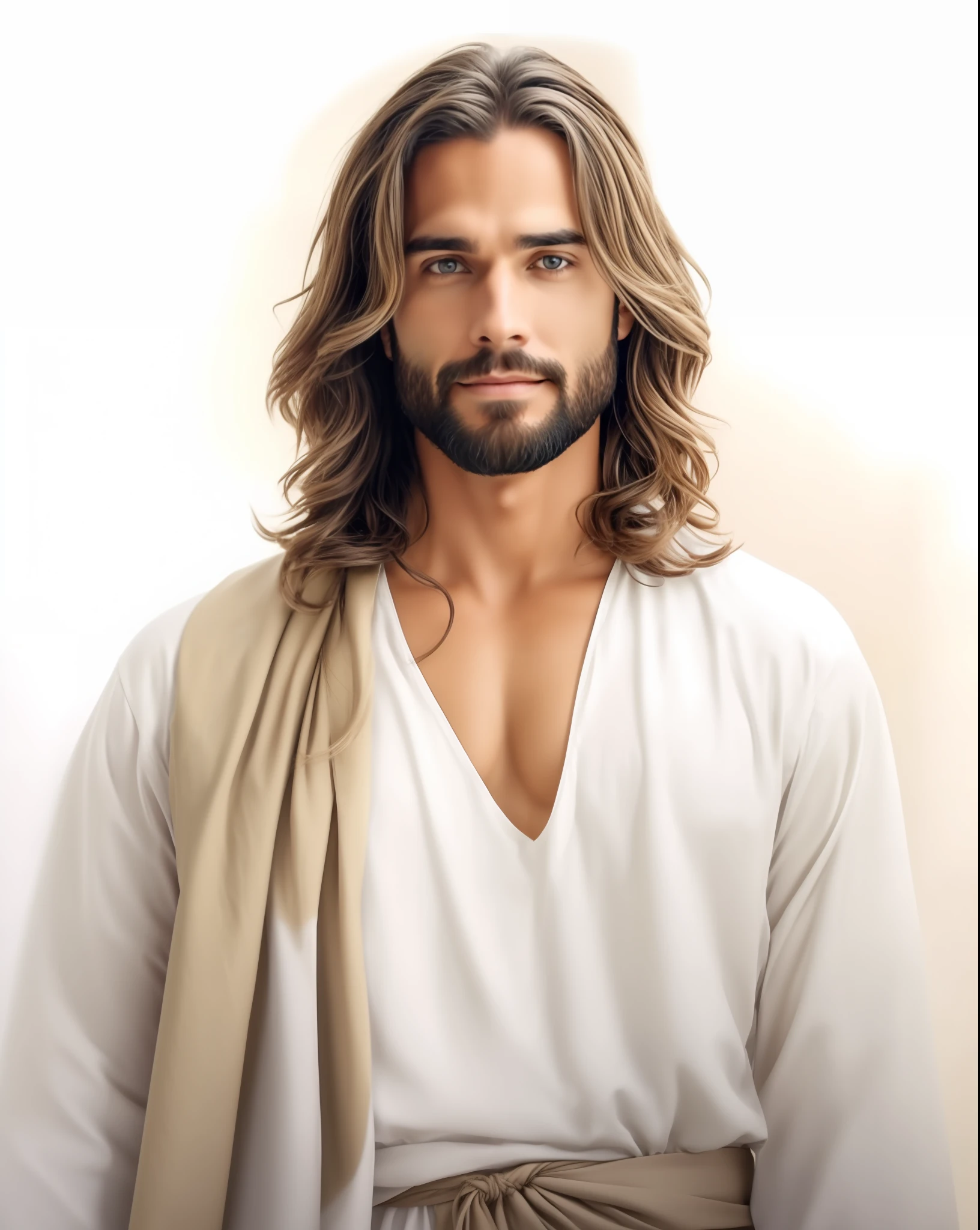 Seth Rollins como Jesus Cristo, sorrindo e feliz, wearing tunic, focar nos detalhes do rosto, cabelo escuro preto, semelhante ao seth rollins, wearing the long beige tunic of Jesus, Biblical style of Jesus, imagem realista, fundo da imagem preto escuro , melhor qualidade, 8k, focar nos detalhes.