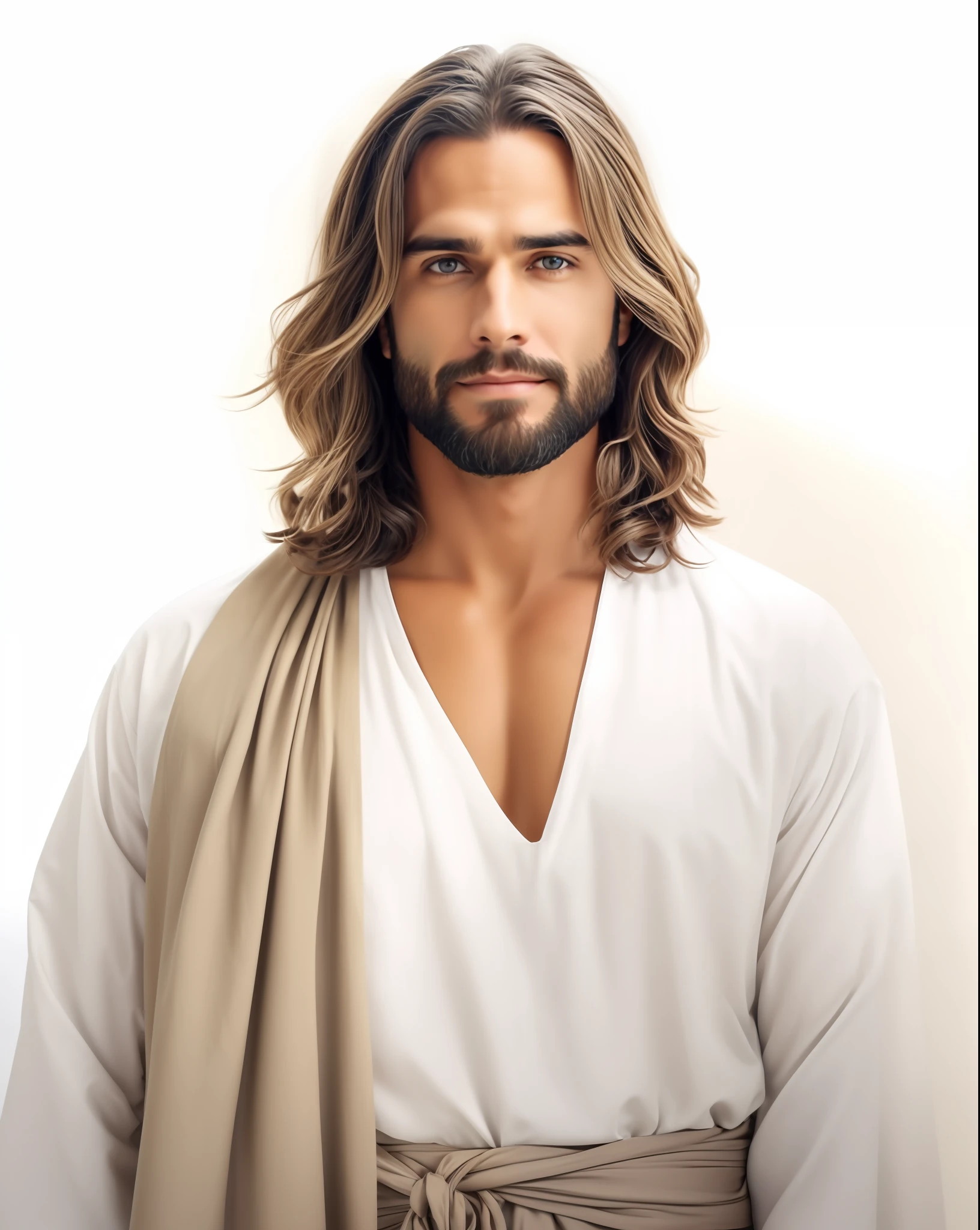 Seth Rollins como Jesus Cristo, sorrindo e feliz, wearing tunic, focar nos detalhes do rosto, cabelo escuro preto, semelhante ao seth rollins, wearing the long beige tunic of Jesus, Biblical style of Jesus, imagem realista, fundo da imagem preto escuro , melhor qualidade, 8k, focar nos detalhes.