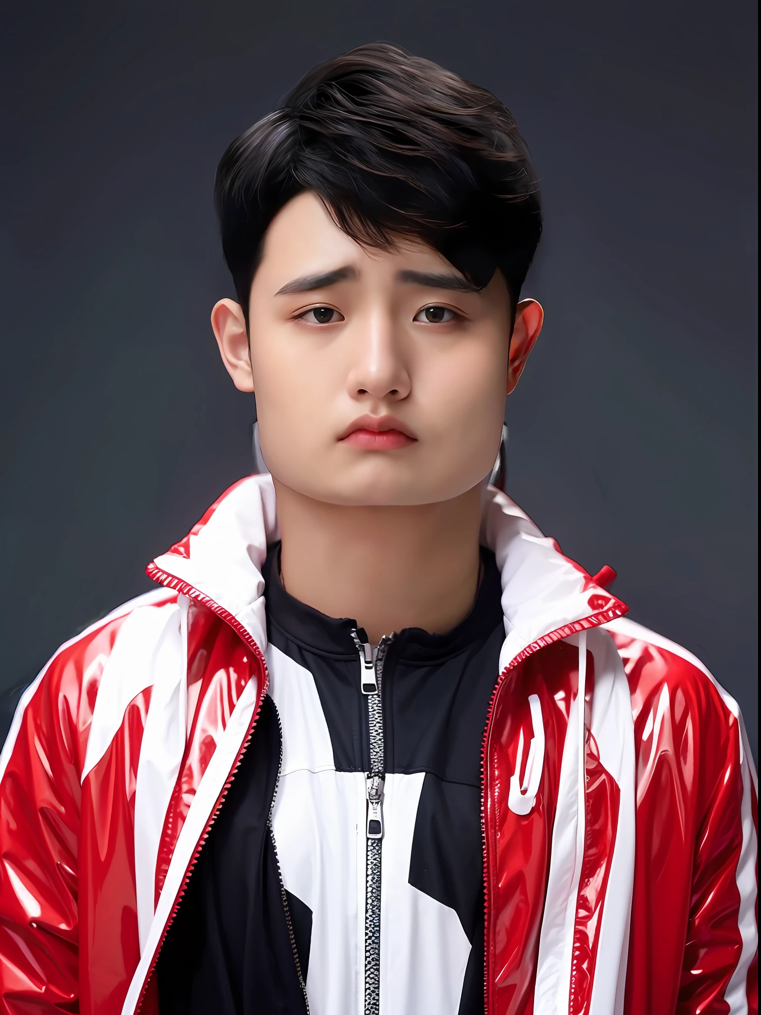 A Chinese male high school student,Wear casual sportswear in PVC,There are zippers,The hair color should be purplish-red