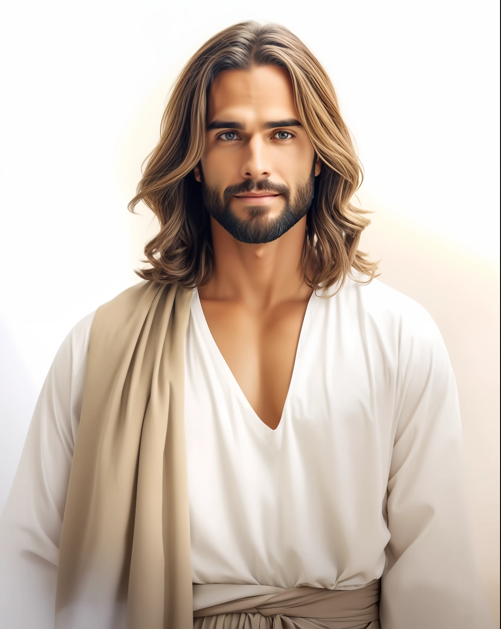 Seth Rollins como Jesus Cristo, sorrindo e feliz, wearing tunic, focar nos detalhes do rosto, cabelo escuro preto, semelhante ao seth rollins, wearing the long beige tunic of Jesus, Biblical style of Jesus, imagem realista, fundo da imagem preto escuro , melhor qualidade, 8k, focar nos detalhes.