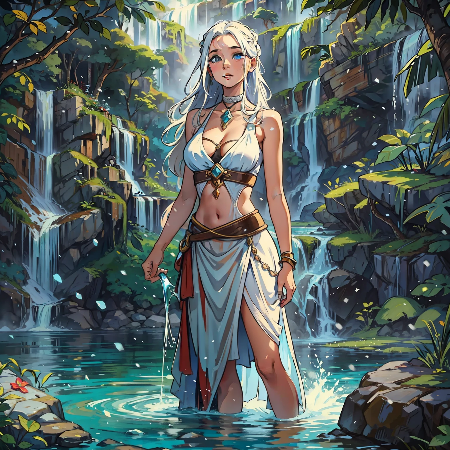 Uma linda mulher de cabelos brancos e seios pequenos e olhos azuis, She is white as snow and is wearing bathing suits from the medieval era in the middle of a paradisiacal waterfall in a kind of lake in the middle of the forest a beautiful waterfall in the background in the middle of a natural paradise an art for a medieval RPG medieval art for RPG