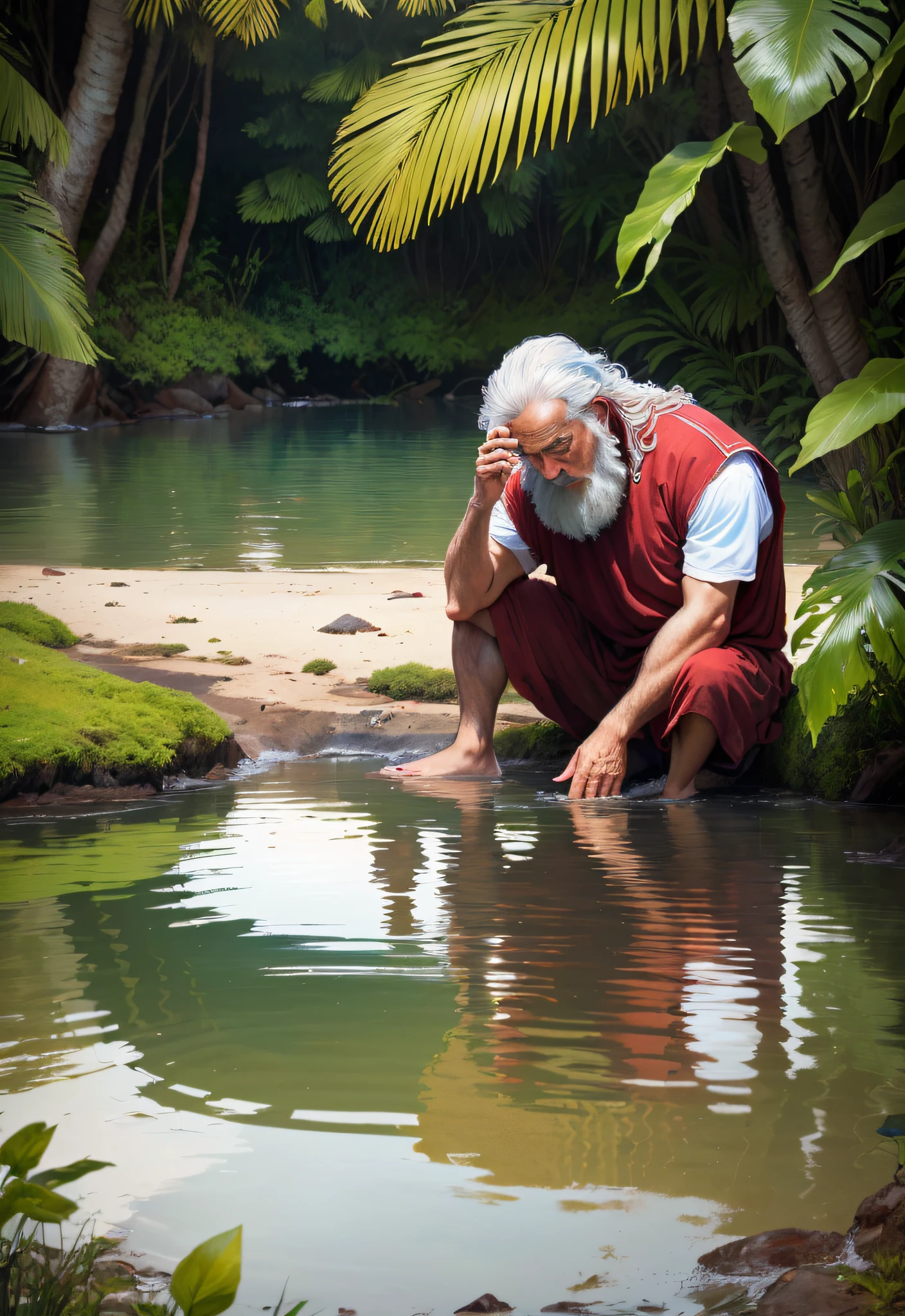 There is a man sitting on a rock in the water, peacefully drinking river water, holy man looking down at the ground, moses, Directed by: Scott M. Fischer, Imagem absolutamente excepcional, inspired by moses van Uyttenbroeck, old man, Directed by: Dan Luvisi, magical scene, tiro focado, character is half in the water, amazing photo, Directed by: Ken Elias, foto de retrato