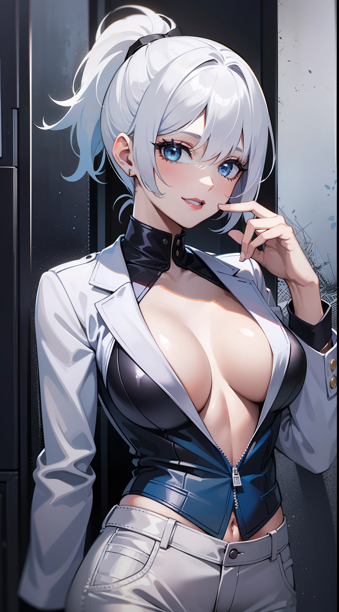 Adult woman, short white hair, high ponytail, blue eye color, White luxury jacket, pants, open breasts, blue lipstick, ssmile, Masterpiece, hiquality