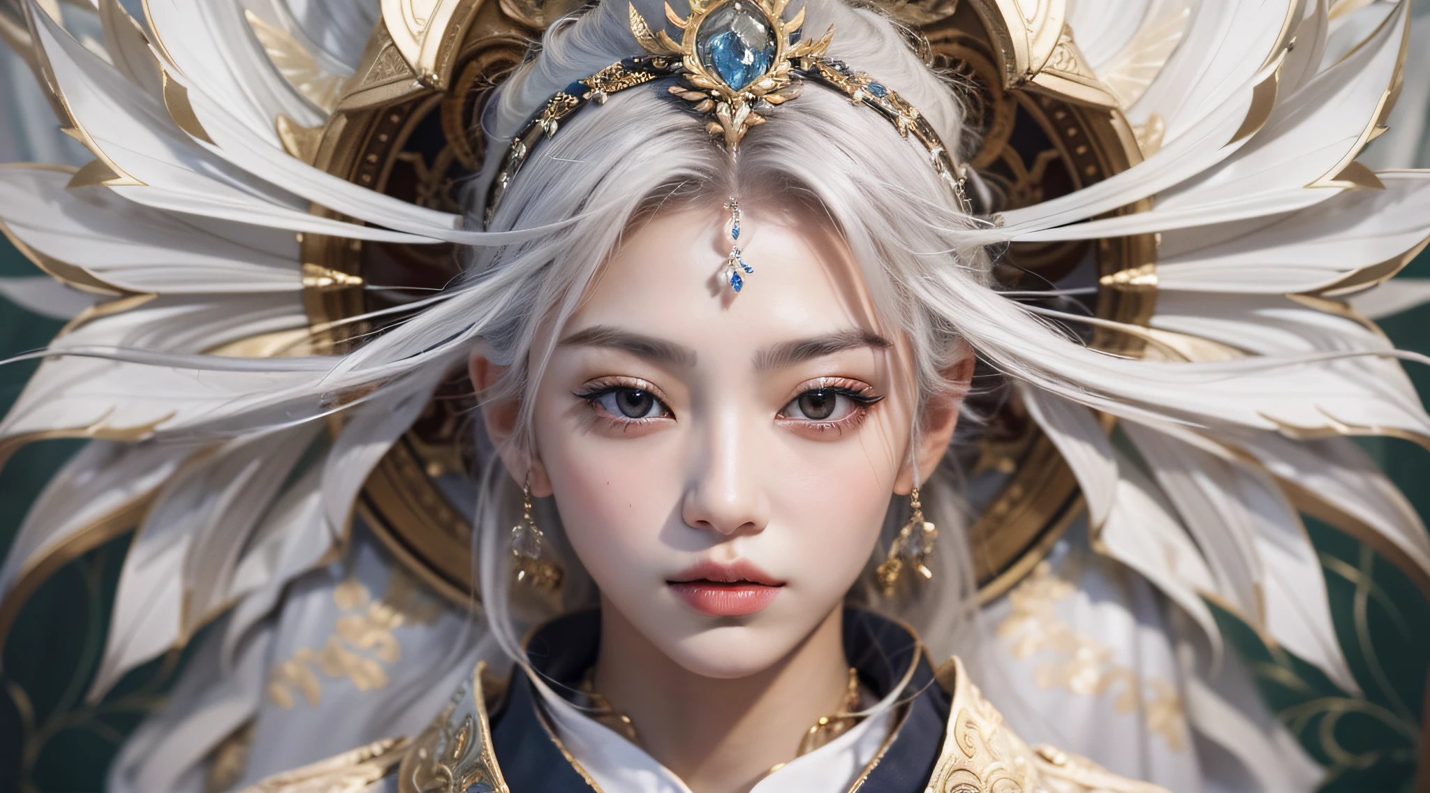 （（An oriental male））, （Delicate facial features）, White hair, Abs are pronounced, Hold the staff in both hands, Seven stars behind it, （Flowing fabric）, Divine brilliance, mistic, noble, A perspective from which all beings look down, （eastern style）, naturey, Harmonious composition, UHD, masterpiece, highres, 8k