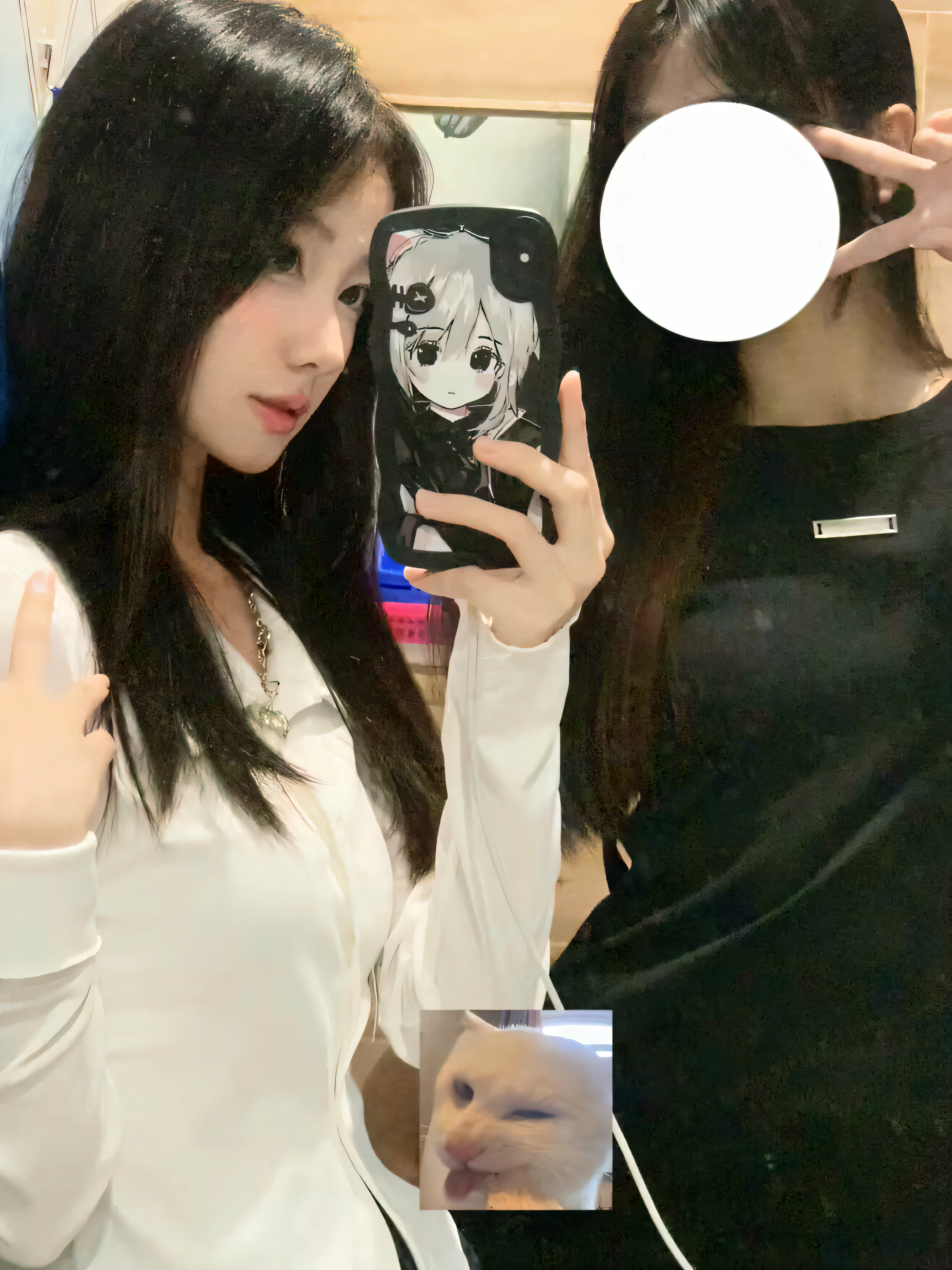 there is a woman that is taking a selfie in a mirror, smooth white tight clothes suit, ulzzangs, 2263539546], Anime girl in real life, 19-year-old girl, trending at cgstation, 1 8 I, 👅 👅, 2 4 year old female model, cruel korean goth girl