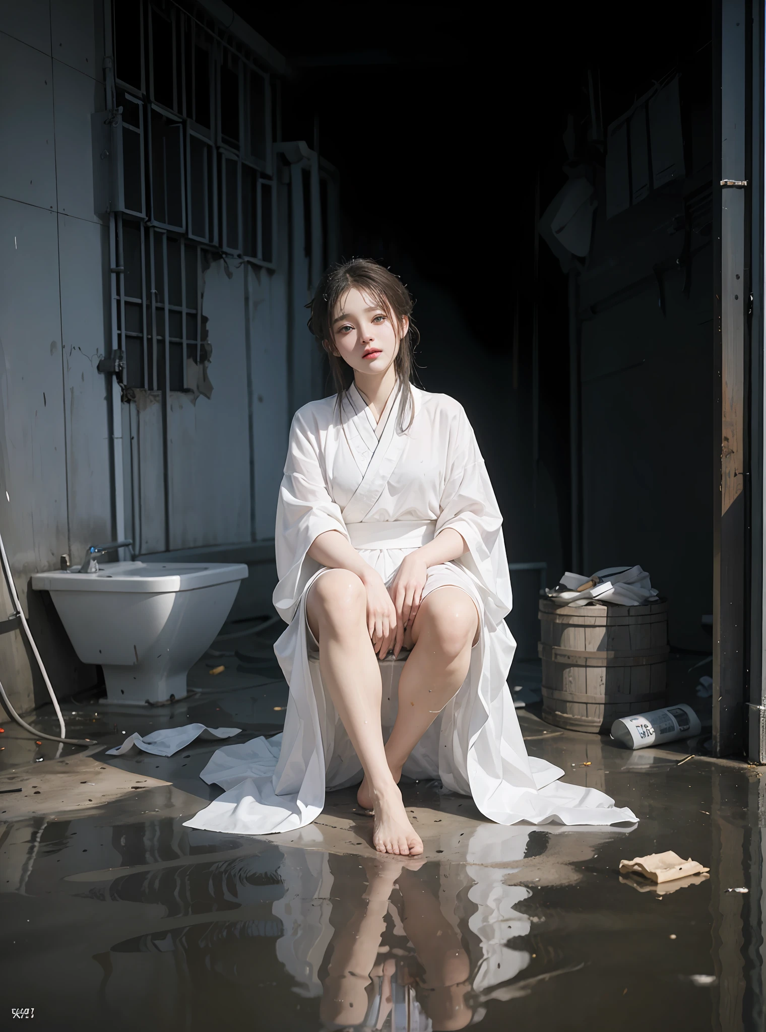 Sitting in the middle of an abandoned 3D rendered men's toilet,Devastated,Broken doors and windows,The ground is a mess,junk,junk,junk,Transparent Hanfu,Cloudy white liquid covering,facing at camera,Exquisite and perfect facial features,Long eyelashes,The eyes are sweet and there are lying silkworms,Delicate and perfect human body structure,s the perfect face,Extreme picture quality,Highest accuracy,Barefoot,Spread your legs,junk,Greasy,Sweat Wet,grimy,standing water,BDSM