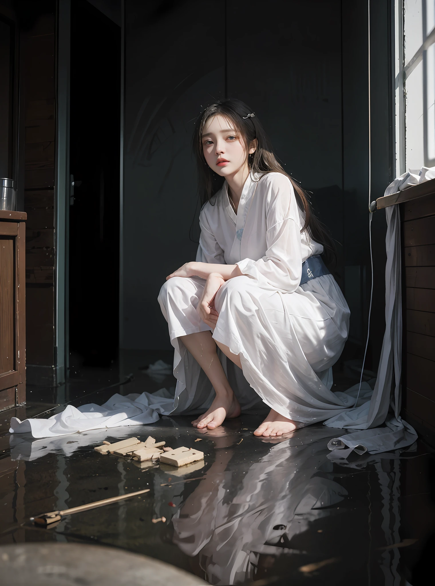 Sitting in the middle of an abandoned 3D rendered men's toilet,Devastated,Broken doors and windows,The ground is a mess,junk,junk,junk,Transparent Hanfu,Cloudy white liquid covering,facing at camera,Exquisite and perfect facial features,Long eyelashes,The eyes are sweet and there are lying silkworms,Delicate and perfect human body structure,s the perfect face,Extreme picture quality,Highest accuracy,Barefoot,Spread your legs,junk,Greasy,Sweat Wet,grimy,standing water,BDSM