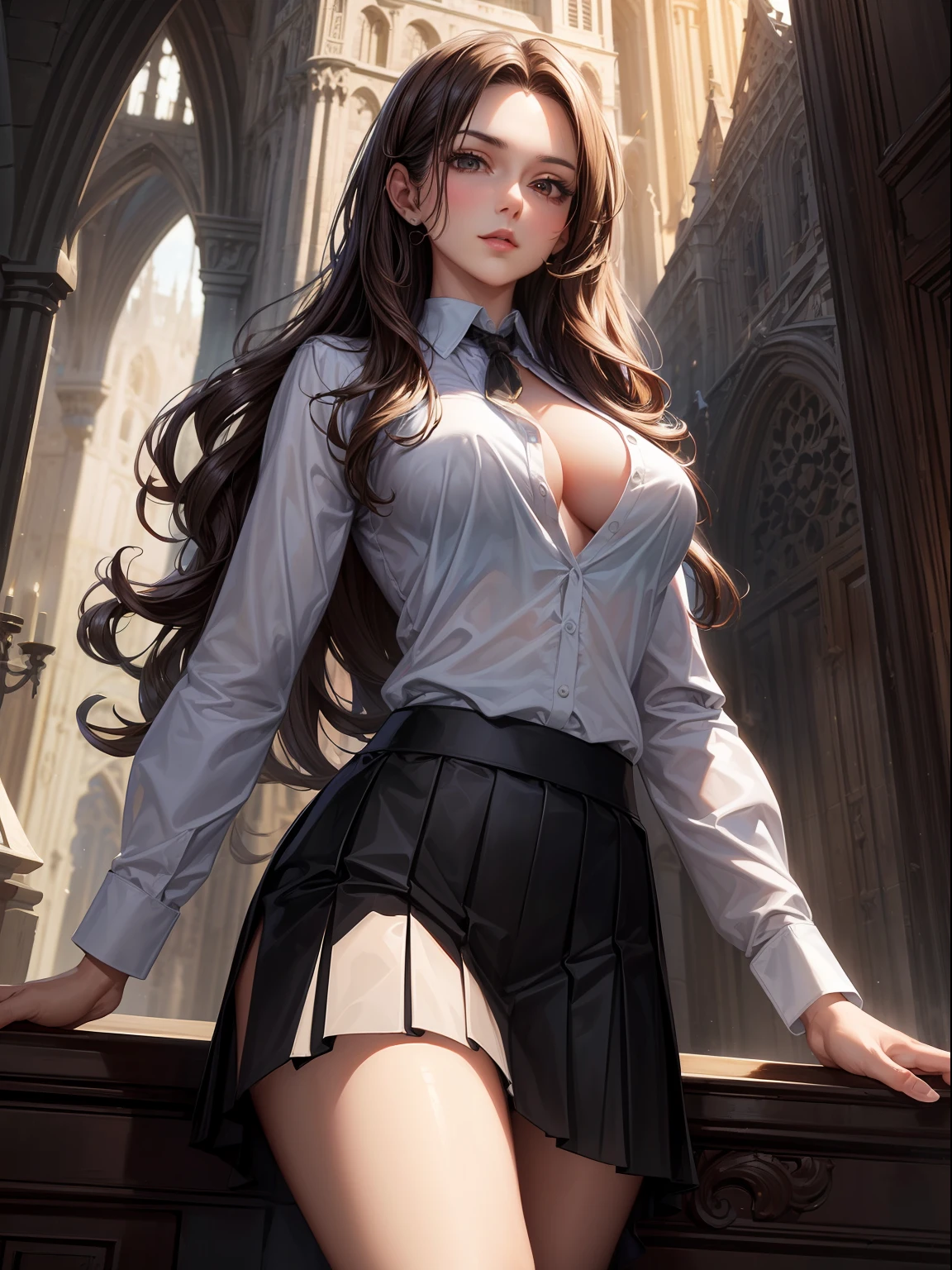 (bestquality, high-res, masterpiece :1.3), A tall and pretty woman, Slender abs, Dark brown hair styled in loose waves, breasts, White button up shirt, Black pleated skirt, (Medieval architecture in the background), Details exquisitely rendered in the face and skin texture, detailed eyes, fantasy