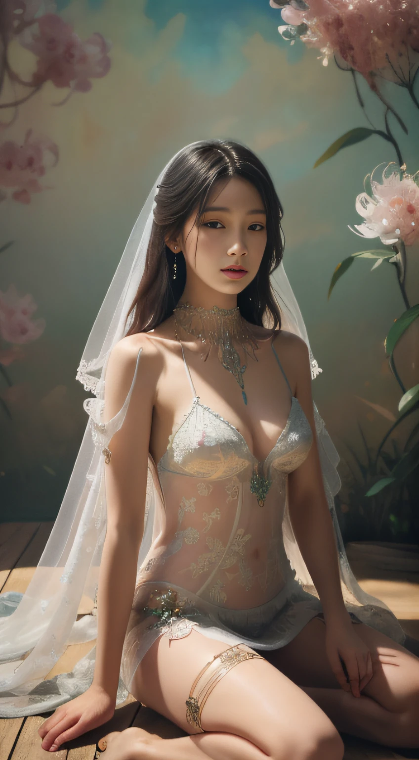 Masterpiece, absurderes, Highly detailed:1.3), dream-state, Digital painting beauty, (Sitting, mature, Slim, Slender,) view the viewer, (Masterpiece), (Best quality:1.2), absurderes, Intricate details, skin indentation, cleavage, Huge breasts, (Highly detailed skin:1.2), (author:Alphonse Mucha Echo Chernik Megan Laura Cho Bingqiang), Sharp focus, Soft and colorful, Centered, symetry, picure, Intricate, voluminetric lighting, Beautiful, rich deep color, Ultra detailed, Digital painting, Mysterious magic, Focused, lush colors, Canon Eos 5d Mark IV and Fujifilm Superia X-TRA 400 film, (Extremely detailed oil painting:1.2), Glow effects, godrays, handpainted, Renders, 8K, rendering by octane, 4 d cinema, blender, Dark, Super delicate atmosphere 4K, cinematic sensual, Sharp focus, humorous illustration, great depth of field, Masterpiece, colours, 3d octane render, 4K, concept-art, trending on artstationh, Hyperrealistic, Vivid colors, Extremely detailed CG unifies 8K wallpapers, trending on artstationh, trending on CGSociety, Intricate, High detail, Dramatic,1girll,Outdoor photography,(at the desert),bird's eyes view,(Transparent gauze dress)(White veil),((stocklings)),Abdominal exudate,(sensual lingerie),(((leg loops))),neck rings,Tattooed with,((Wear a bracelet,choker necklace))(full bodyesbian:1.5