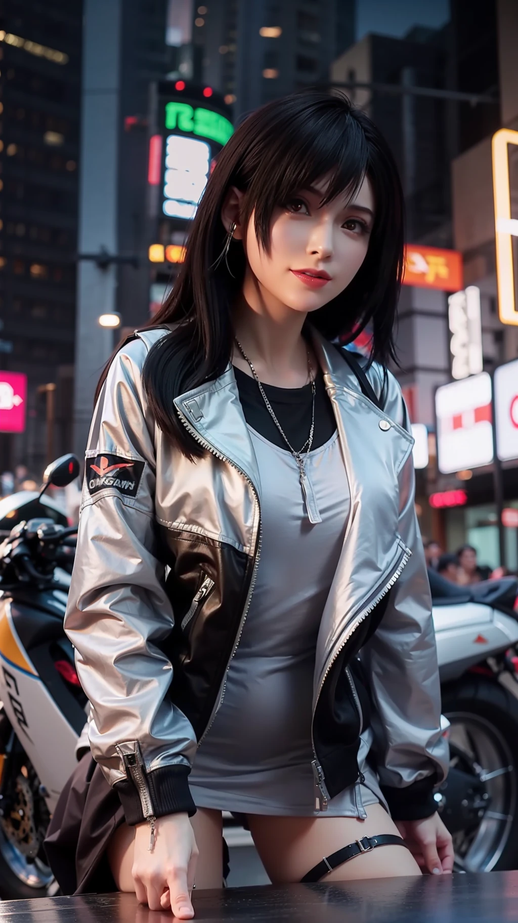 tmasterpiece，best qualityer，1girl，独奏，jaket，Hand in pocket，校服，serafuku，Stockings，bookbag，Black hair，黑The eye，cyber punk perssonage，the street，Machinary，the motorcycle，in a panoramic view，shelmet，speed-line，motionblur，depth of fields，ssee-through，in a panoramic view，Riding，Floating hair，the night，neon trim，Larger bust