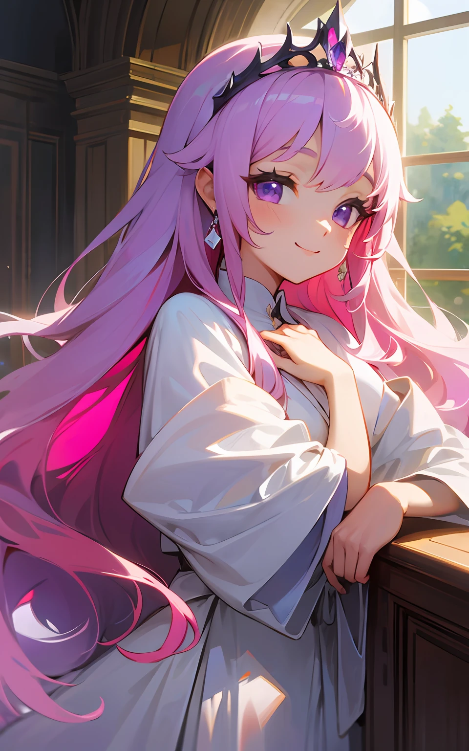 top-quality、hight resolution、detaileds、Long pink hair、Purple eyes、Old Western Castle、Silver tiara、robe blanche、Shining sunshine、(The whole body is shown)、A smile、