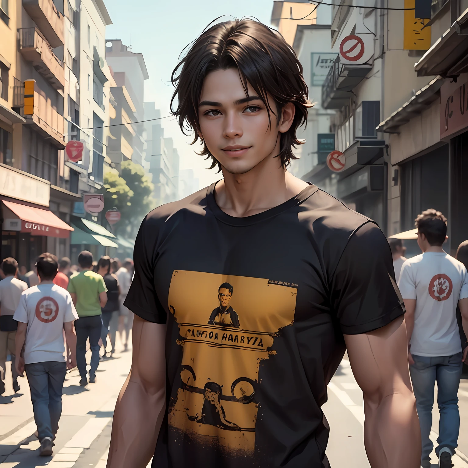 camiseta color negro con dorado camiseta ajustada al cuertpo ultra realista, 16-year-old boy with brown cinnamon skin, cuerpo atletico tonificado cabello liso,masculino serio pensativo observador tiene el dorso desnudo camiseta negra ajustada al cuerpo caminando, sonriendo por las calles de una moderna ciudad un amigo cernaco se acerca por atras y lo abraza
