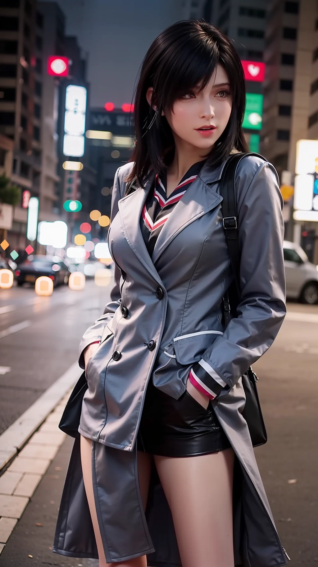 tmasterpiece,best qualityer,1girl,独奏,jaket,Hand in pocket,校服,serafuku,Stockings,bookbag,Black hair,黑The eye,cyber punk perssonage,the street,Machinary,the motorcycle,in a panoramic view,shelmet,speed-line,motionblur,depth of fields,ssee-through,in a panoramic view,Riding,Floating hair,the night,neon trim,Larger bust