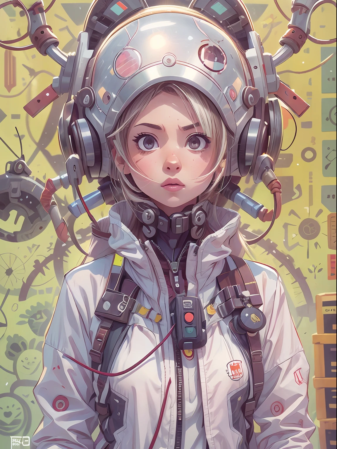 Manga magazine cover, menina bonito:1.2, roupas Techwear, Mechanical spider, Cabos, engrenagens, circles, fractais, art-station, CGSetnação, arte Carlos Meglia