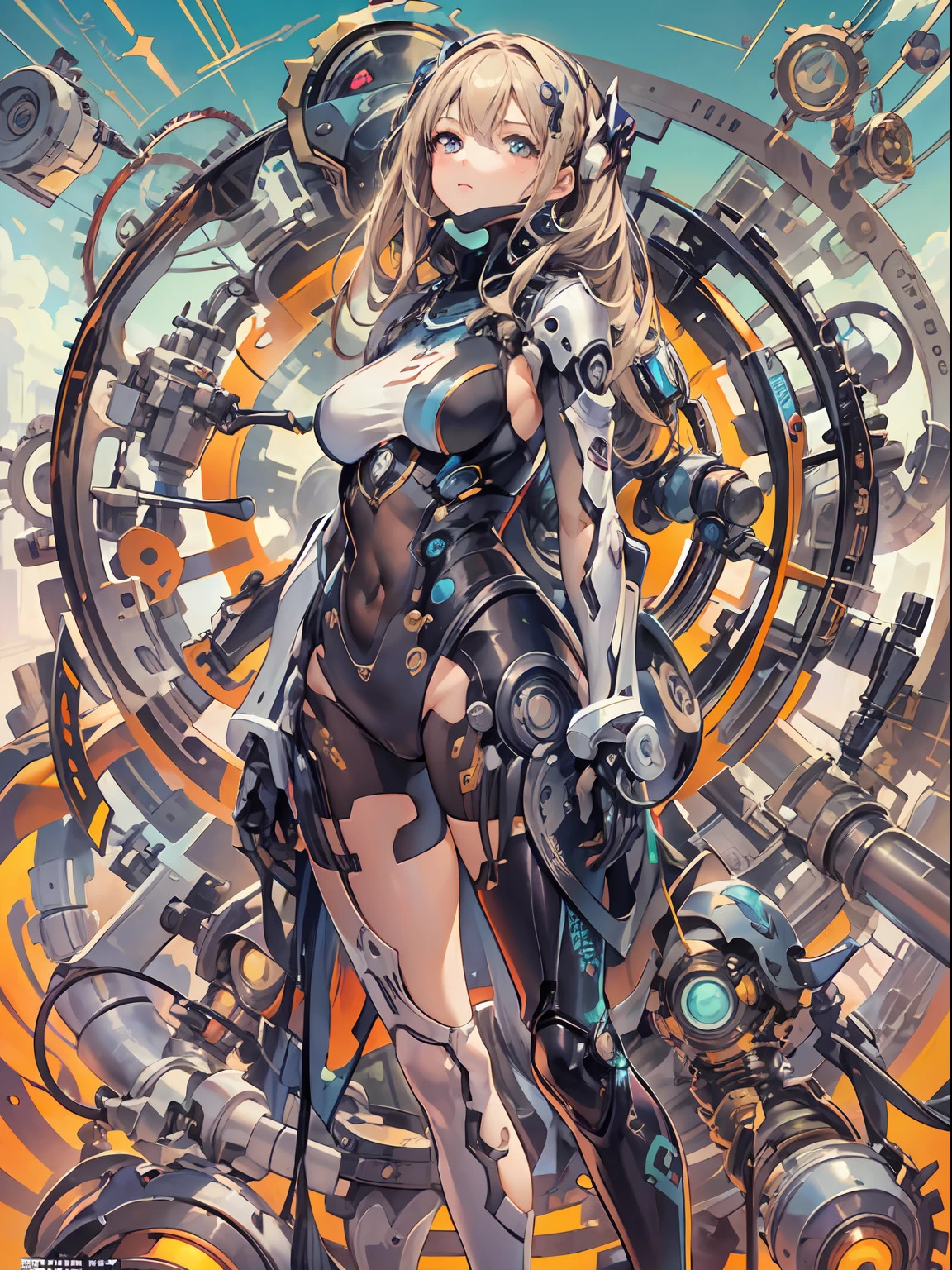 Manga magazine cover, menina bonito:1.2, roupas Techwear, Mechanical spider, Cabos, engrenagens, circles, fractais, art-station, CGSetnação, arte Carlos Meglia