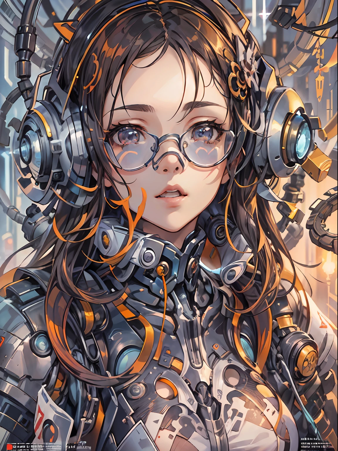 Manga magazine cover, menina bonito:1.2, roupas Techwear, Mechanical spider, Cabos, engrenagens, circles, fractais, art-station, CGSetnação, arte Carlos Meglia