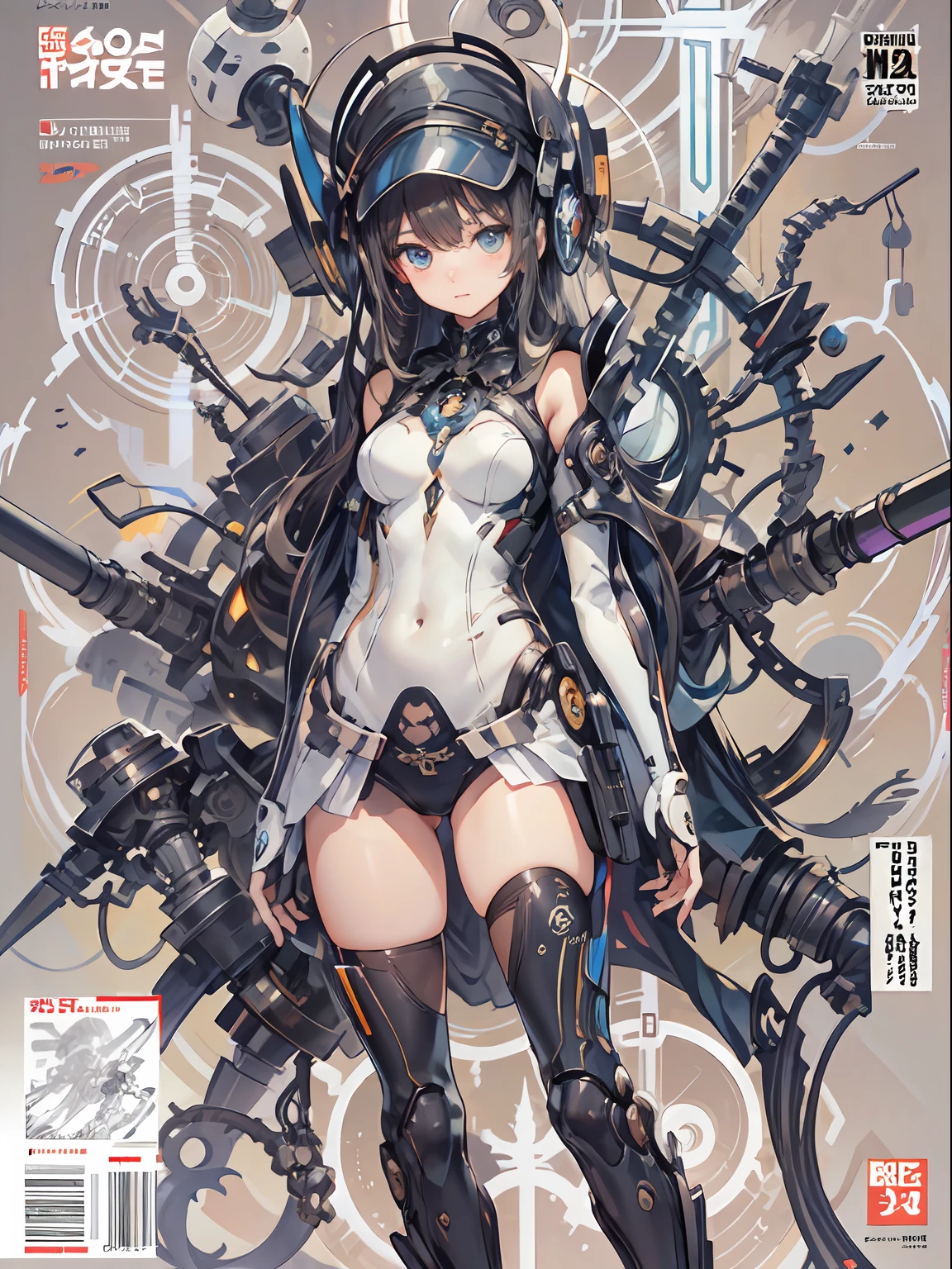 Manga magazine cover, menina bonito:1.2, roupas Techwear, Mechanical spider, Cabos, engrenagens, circles, fractais, art-station, CGSetnação, arte Carlos Meglia