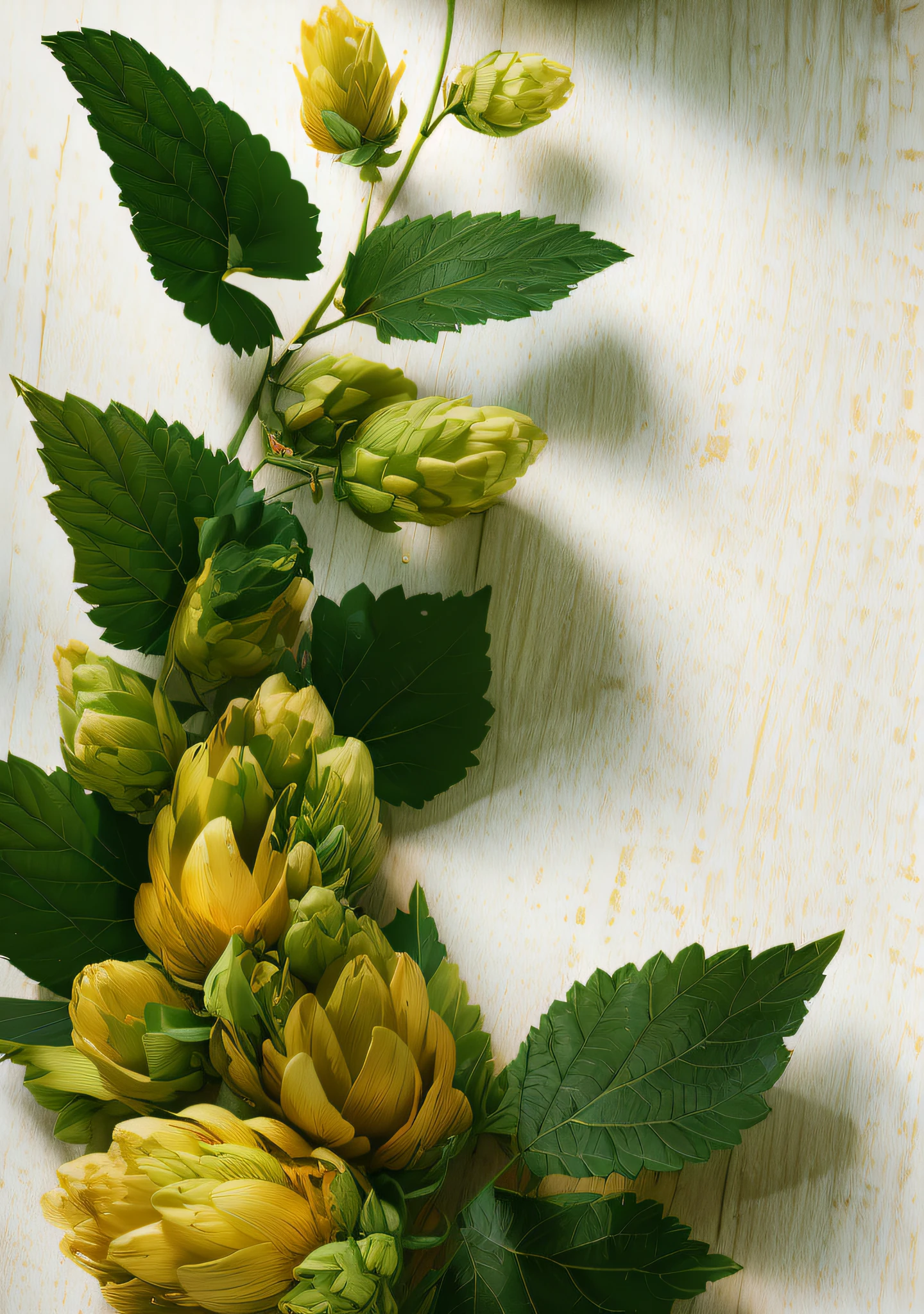 A bouquet of hops, a digital rendering by Susan Heidi, shutter inventory, art-deco, On a gray background, Hop cones, on grey background, leaves foliage and stems, hyper realistic background, depicted as a 3 d render, photorealistic illustration, large leaves and stems, hyperdetailed illustration, Super detailed leaves and hops in plant bottle，Ultra-detailed complex Gothic art trends on Artstation Ternary Color Unreal Engine 5 Detailed matte painting in Unreal Engine 5，deep colour，dream magical，complexdetails，splash image，complementary colours，fantasy concept art，8K分辨率，A masterpiece of Gothic deviation art，（Dark shots：0.9），The art of Greg Rutkowski and Artgerm，Soft cinematic light，Adobe Lightroom， photolab， hdr， 复杂， highly  detailed， poppies
