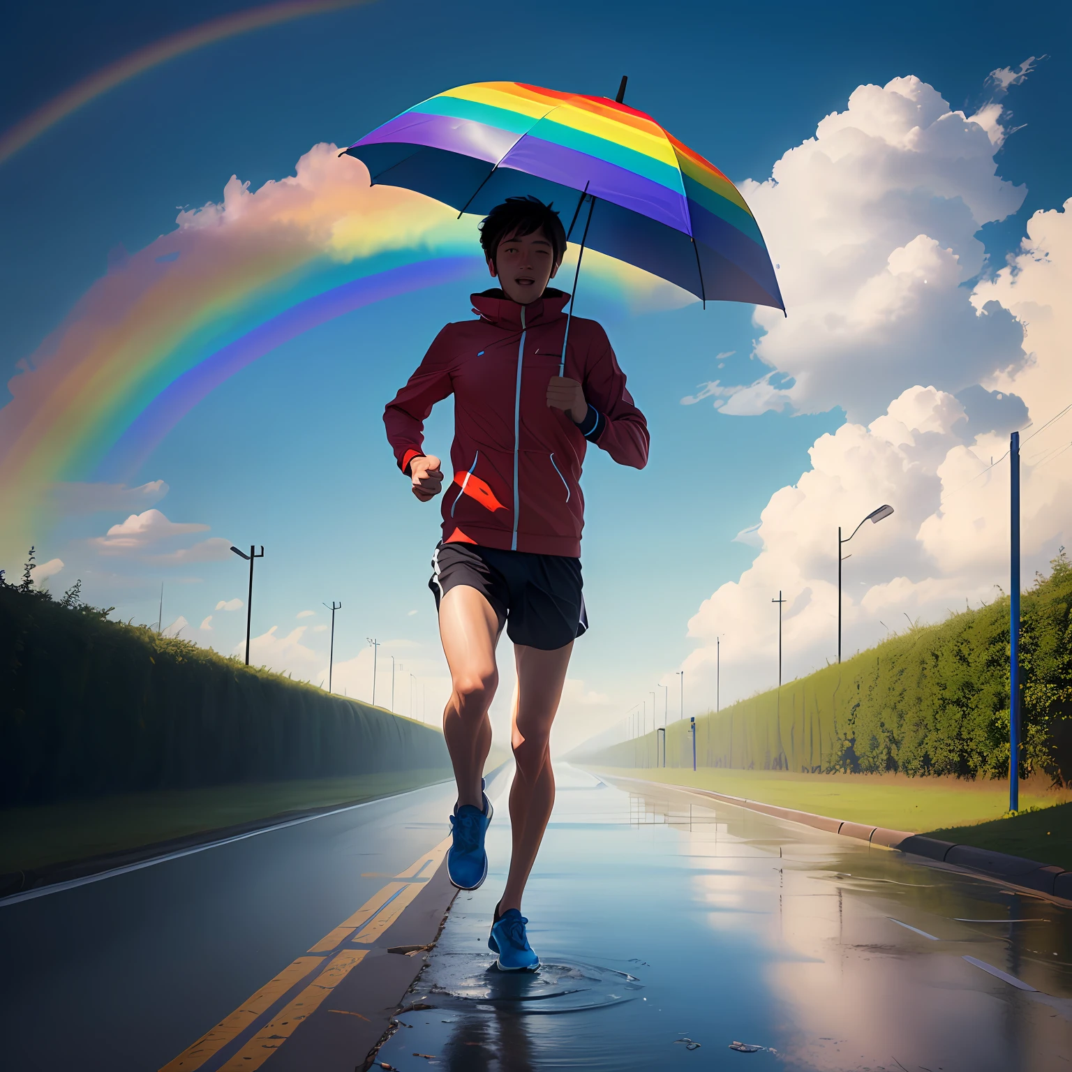 Man running with umbrella with rainbow in sky