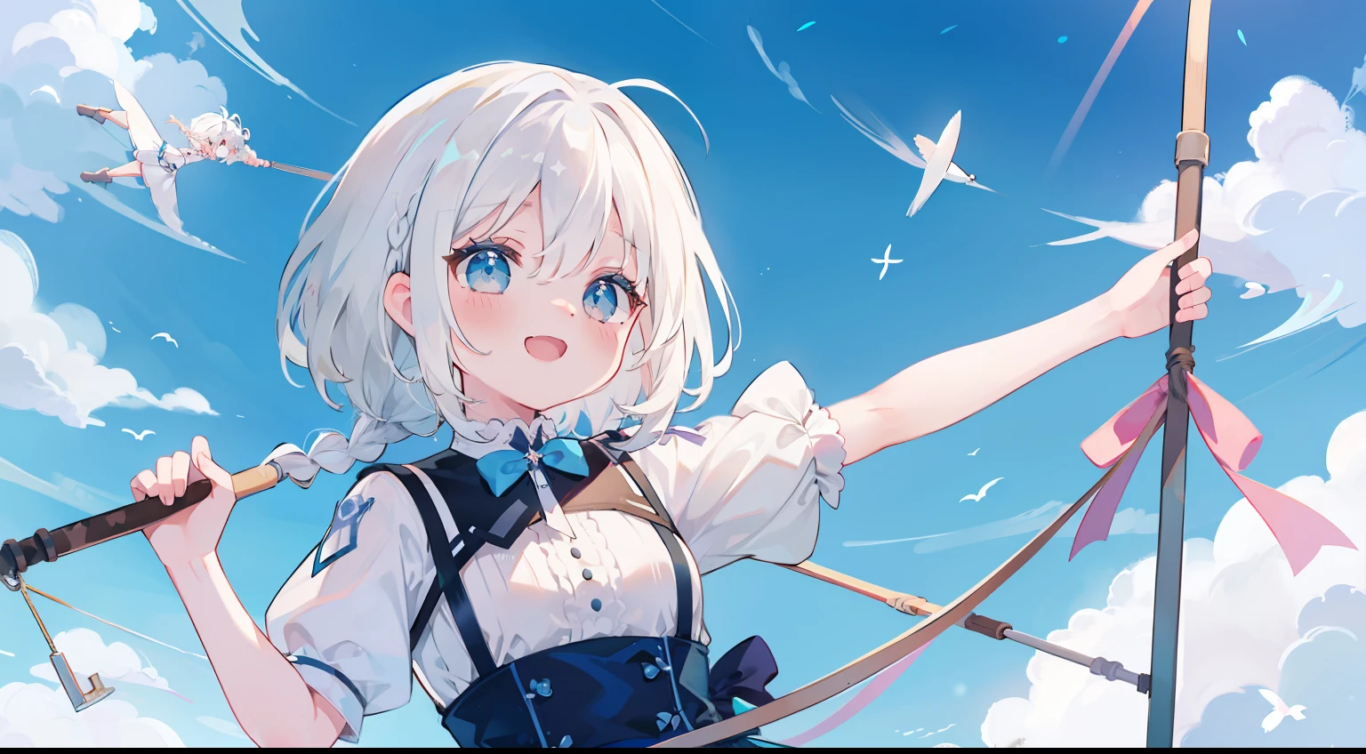 swing、trapeze、One girl、white hair、Braids、A delightful、A smile、Laugh、masterpiece、top-quality、Top image quality、cute little、blue-sky