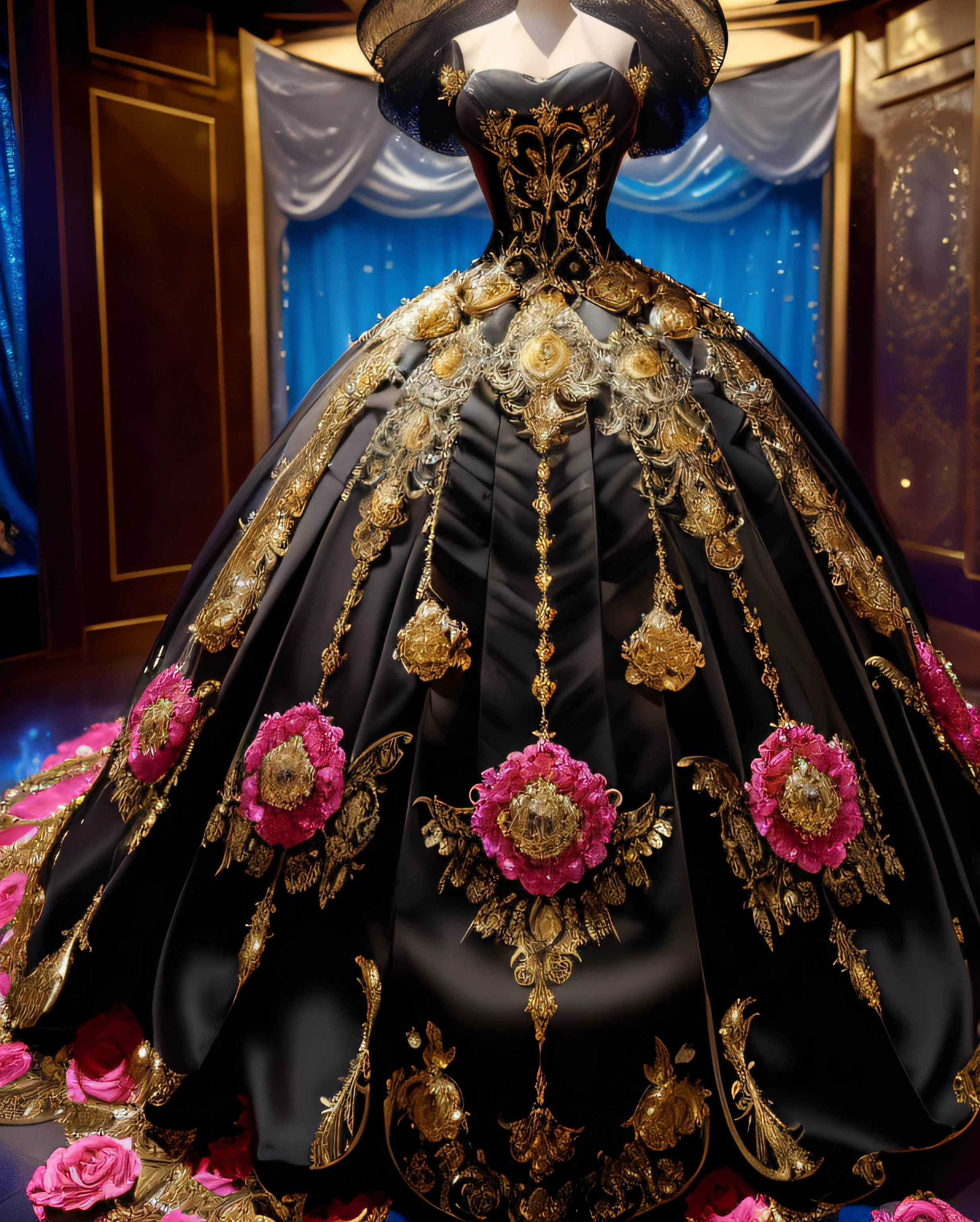 a hyper realistic photograph of a girl standing wearing a majestic light beige and gold ball gown dress, big beautiful dress, intricate puffy ball gown with lots of ruffles and rhinestones (Best quality, masterpiece, ArtStation, Fantasy Art:1.2), a palace room, a beautiful cute girl, (long white hair:1.1), (intricate short gold skirt, bare legs:1.2, full body shot)