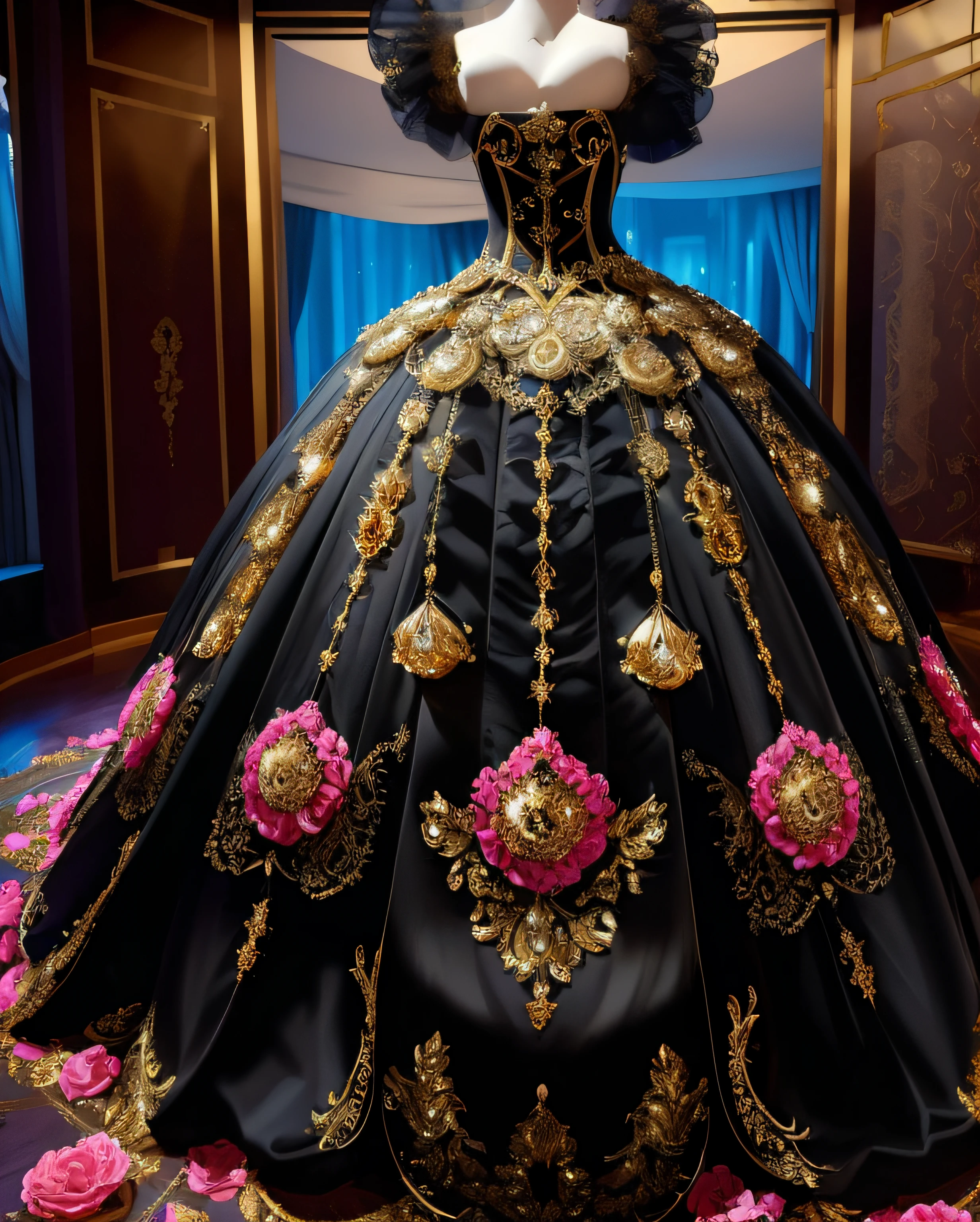 a hyper realistic photograph of a girl standing wearing a majestic light beige and gold ball gown dress, big beautiful dress, intricate puffy ball gown with lots of ruffles and rhinestones (Best quality, masterpiece, ArtStation, Fantasy Art:1.2), a palace room, a beautiful cute girl, (long white hair:1.1), (intricate short gold skirt, bare legs:1.2, full body shot)