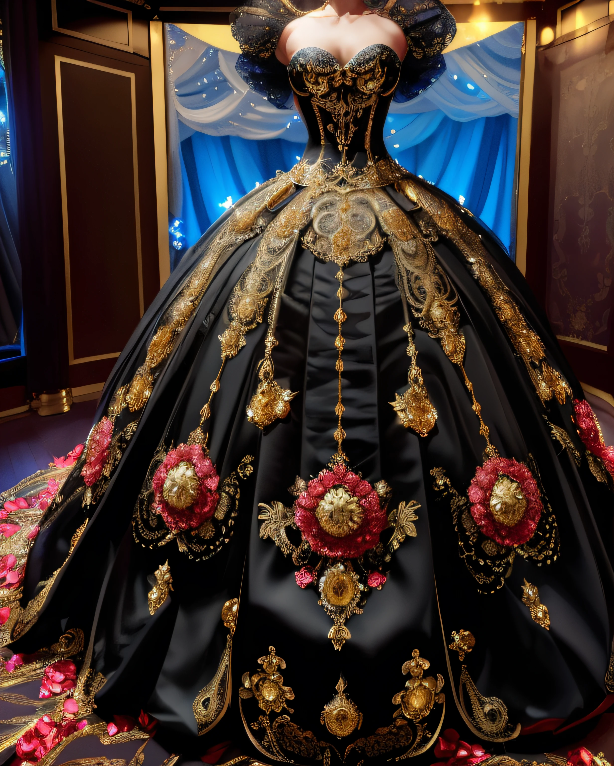 a hyper realistic photograph of a girl standing wearing a majestic light beige and gold ball gown dress, big beautiful dress, intricate puffy ball gown with lots of ruffles and rhinestones (Best quality, masterpiece, ArtStation, Fantasy Art:1.2), a palace room, a beautiful cute girl, (long white hair:1.1), (intricate short gold skirt, bare legs:1.2, full body shot)