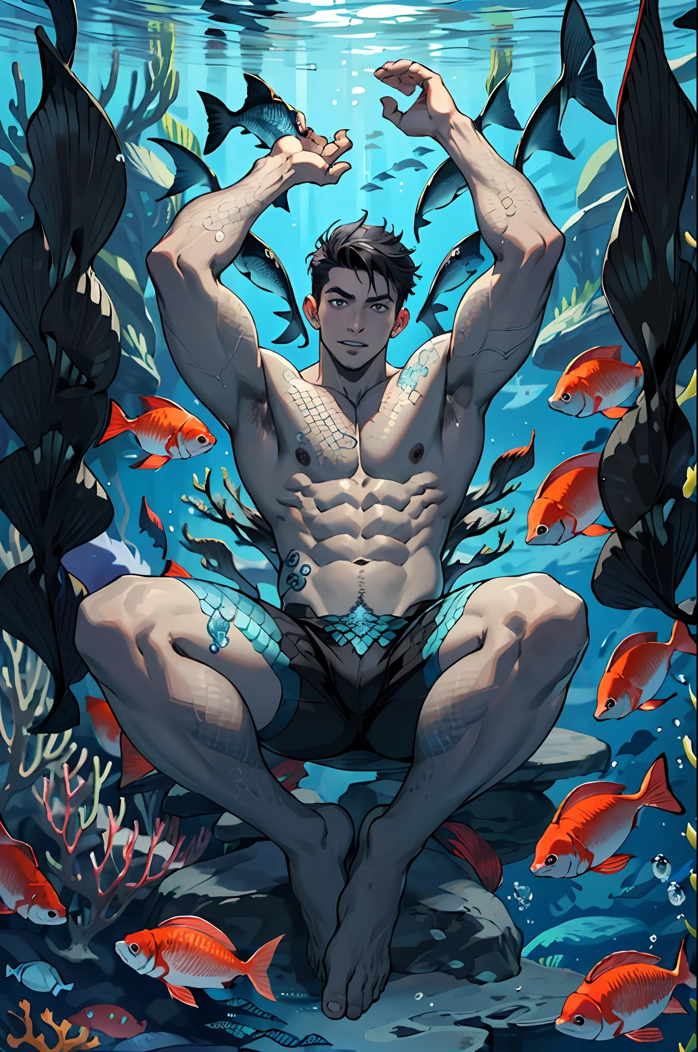 handsome man, on an obsidian beach with water covering lower body, lying on back and holding his own legs up, tentacles wrapped around thighs lifting legs up, knees bent, muscular thigh, mermaid loin cloth, top view , expression of ecstasy, fish scale skin, mermaid skin, (black fish scale skin:1.5), mermaid man with fish scales skin, mermaid man with fish scales on legs