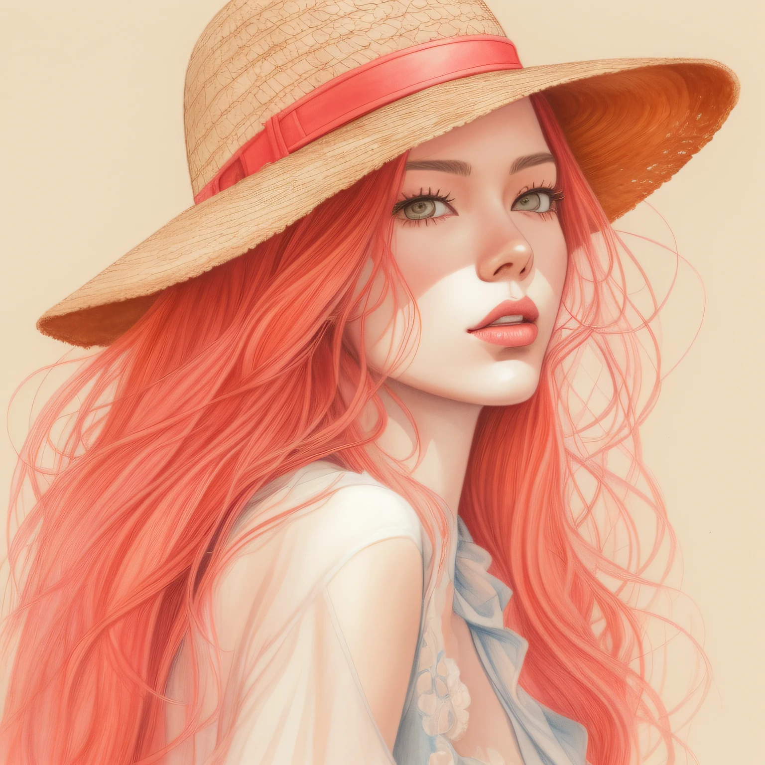 There is a drawing of a woman with long red hair wearing a hat, a colored pencil sketch by Yanagawa Nobusada, Tumblr, Surrealismo pop, No estilo de arte de Bowater, trending on artstration, with straw hat, watercolor illustration style, Estilo de desenho bonito, exquisite digital illustration, estilo de arte bonito, gengibre. Arte Nova, detailed fashion illustration