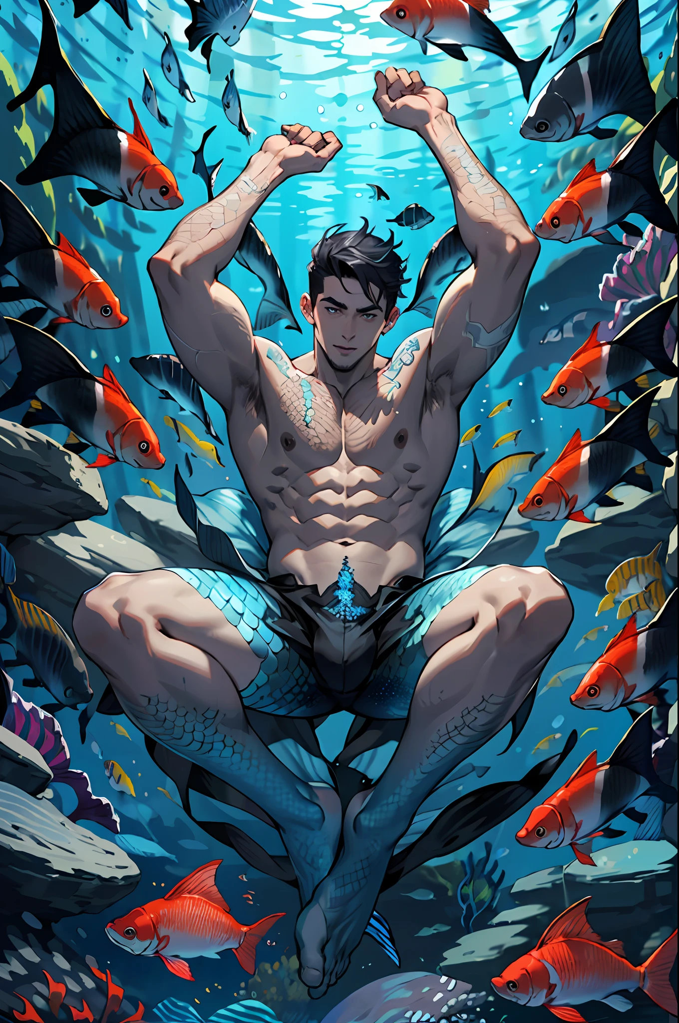 handsome man, on an obsidian beach with water covering lower body, lying on back and holding his own legs up, tentacles wrapped around thighs lifting legs up, knees bent, muscular thigh, mermaid loin cloth, top view , expression of ecstasy, fish scale skin, mermaid skin, (black fish scale skin:1.5), mermaid man with fish scales skin, mermaid man with fish scales on legs