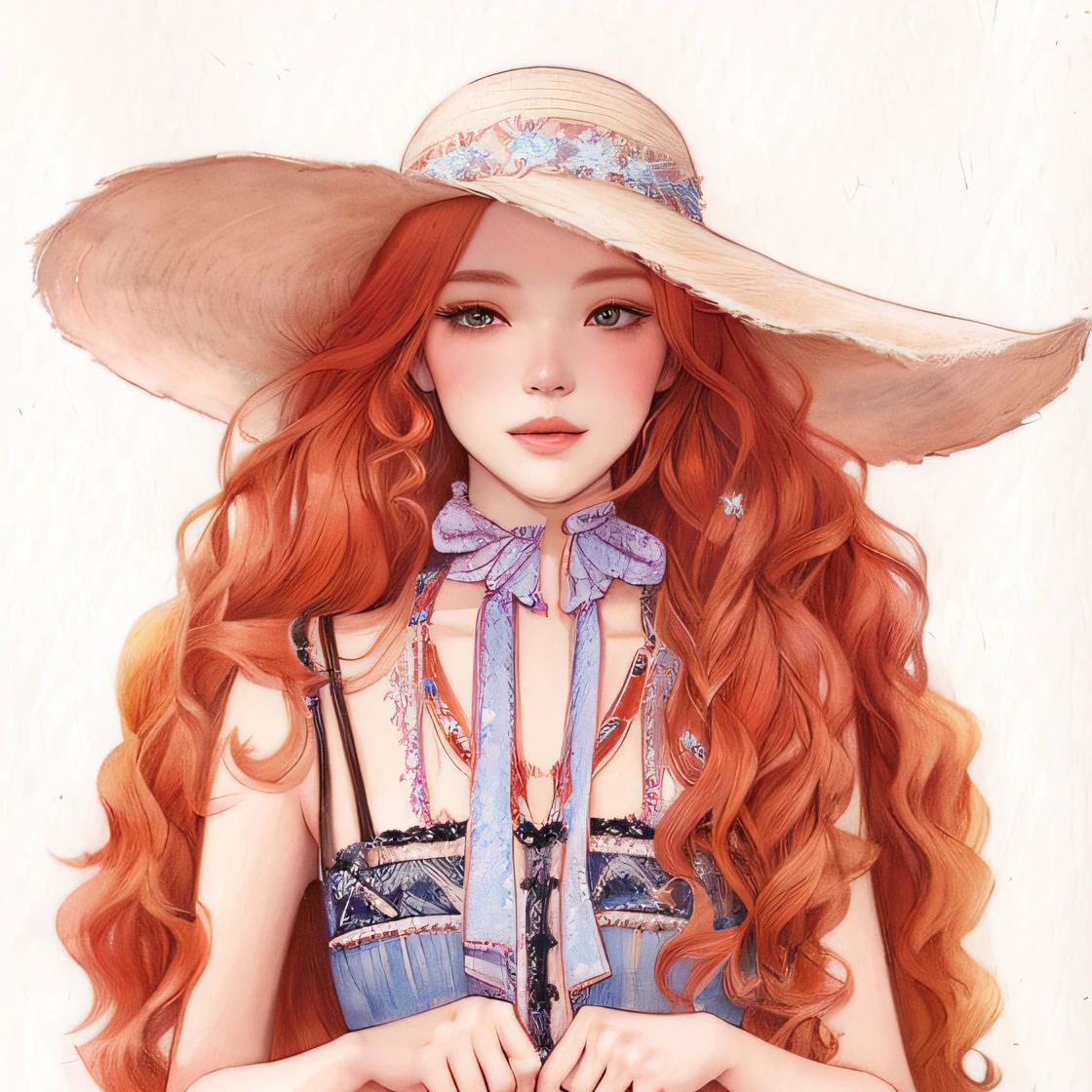 There is a drawing of a woman with long red hair wearing a hat, No estilo de arte de Bowater, trending on artstration, with straw hat, watercolor illustration style, Directed by: Yanagawa Nobusada, Estilo de desenho bonito, exquisite digital illustration, estilo de arte bonito, gengibre. Arte Nova, Directed by: Yoshihiko Wada, detailed fashion illustration, pia sadie