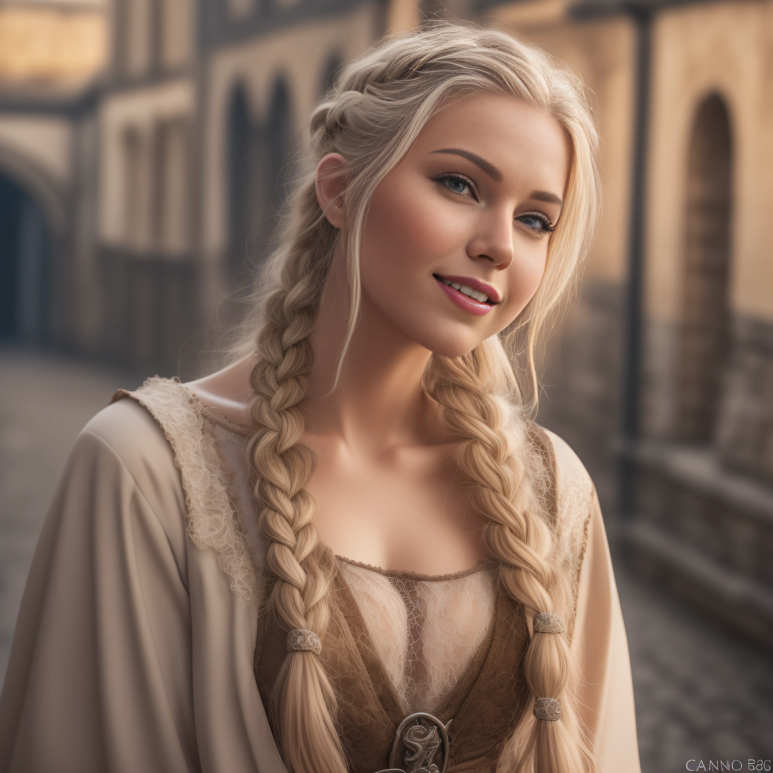 cinematic, photo, head and shoulder portrait photo, 1woman, solo, beautiful 20 years old medieval fantasy prostitute, pale blonde hair, big single long braid, medieval fantasy prostitute nice clothes, intellingent look, enticing smile, in a big medieval city, Canon EOS 5D Mark IV, historical, fantasy, hyper detailed, accurate textures, realistic, skin pores