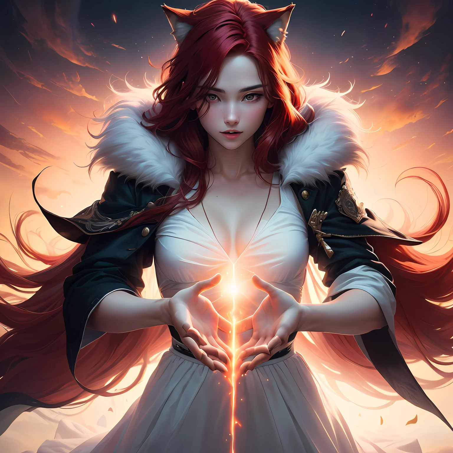 Wolf-type people,Floating,White with red hair,Hands caressing the reproductive organs