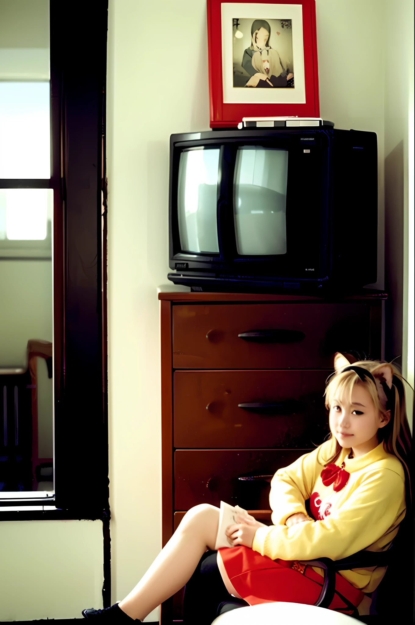 masutepiece, Best Quality, Indoors, 1girl in,Sitting, Animal ears, Komono, Blonde hair, Long hair、by the window