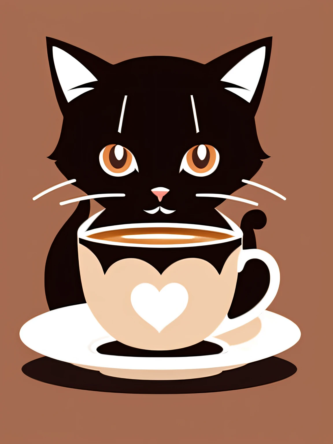 Vector-art of a cartoon-style vector art of a (cat sipping from a cup of coffee: 1.3). Give the cat big round eyes and a smile to convey its delight. The cup can have a friendly and approachable design, with decorative elements like hearts or coffee beans. Add subtle shading and highlights to give the illustration depth and dimension. Use a warm color palette to evoke the cozy feeling of enjoying a cup of coffee