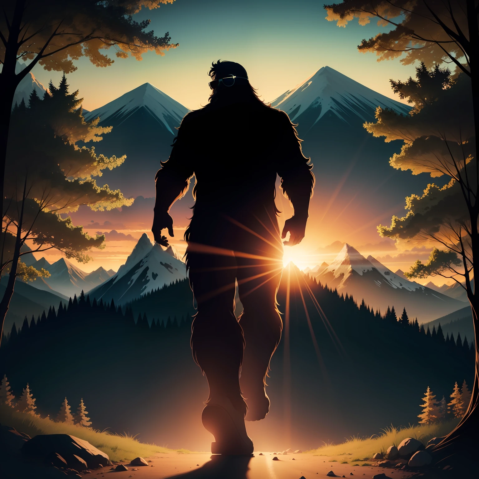 bigfoot sasquatch silhouette wearing sunglasses and walking in the forest silhouette, background sunset and mountain, full illustration drawing for t-shirt printed