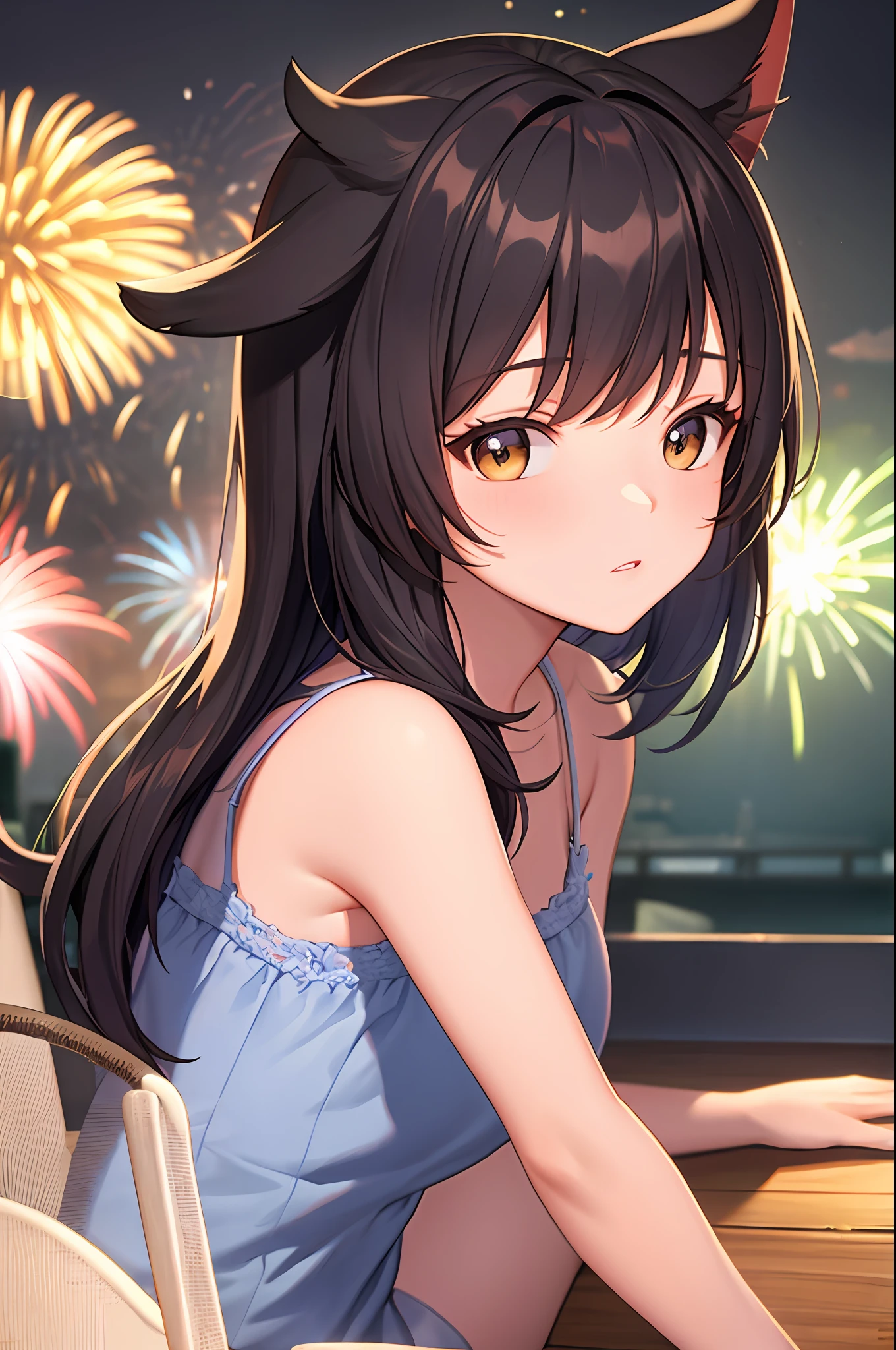 20-year-old woman playing solo while watching fireworks。anthro、Lightwave、Sundown、Convoluted、ighly detailed
