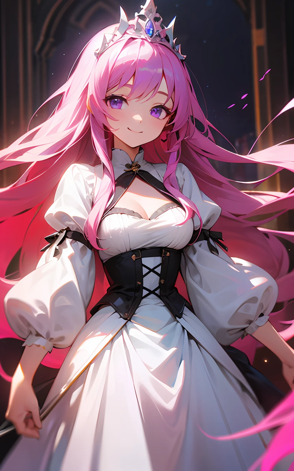 top-quality、hight resolution、detaileds、Long pink hair、Purple eyes、Old Western Castle、Silver tiara、White hateful dress、Shining sunshine、(The whole body is shown)、A smile、