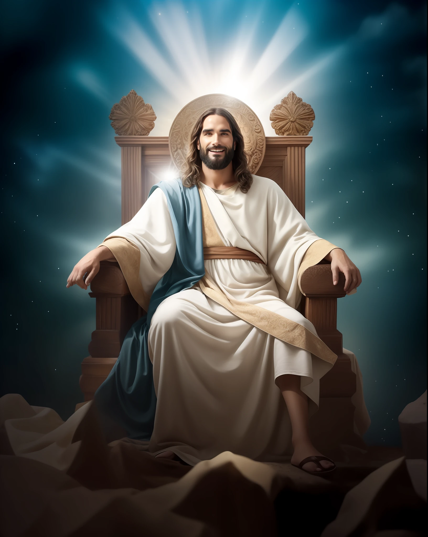 Seth Rollins como Jesus Cristo, sorrindo e feliz, wearing tunic, focar nos detalhes do rosto, cabelo escuro preto, semelhante ao seth rollins, wearing the long beige tunic of Jesus, Biblical style of Jesus, imagem realista, fundo da imagem preto escuro , melhor qualidade, 8k, focar nos detalhes.