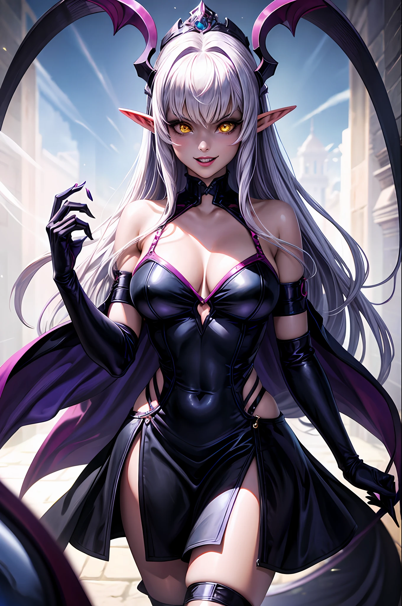 A female demon with elf ears no inferno, um rosto maduro com um sorriso perverso dentes de vampiro, e corpo volumoso com seios e busto enormes, Cabelos prateados com mechas roxas molhado ,(purple and yellow demonic eyes), ((Heterocromia)), roupa de noiva preto molhado, espada dupla, unhas grandes longas e pontiagudas. Fundo preto cheio de agulhas ensaguentadas, Moda realista, sysie high definition details, fotografia, agudeza, unique 850 4, Koda850 k portrait camera, Primavera F1.6, cores ricas, Textura super realista, textura de luz espetacular, arte surreal, Cinestil 800 mecanismo de moda,
