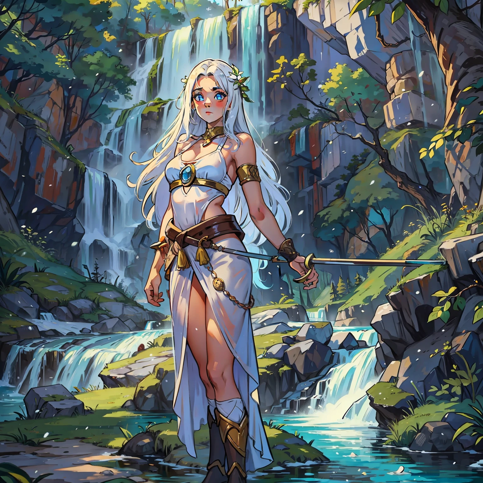 Uma linda mulher de cabelos brancos e seios pequenos e olhos azuis, She is white as snow and is wearing bathing suits from the medieval era in the middle of a paradisiacal waterfall in a kind of lake in the middle of the forest a beautiful waterfall in the background in the middle of a natural paradise an art for a medieval RPG medieval art for RPG
