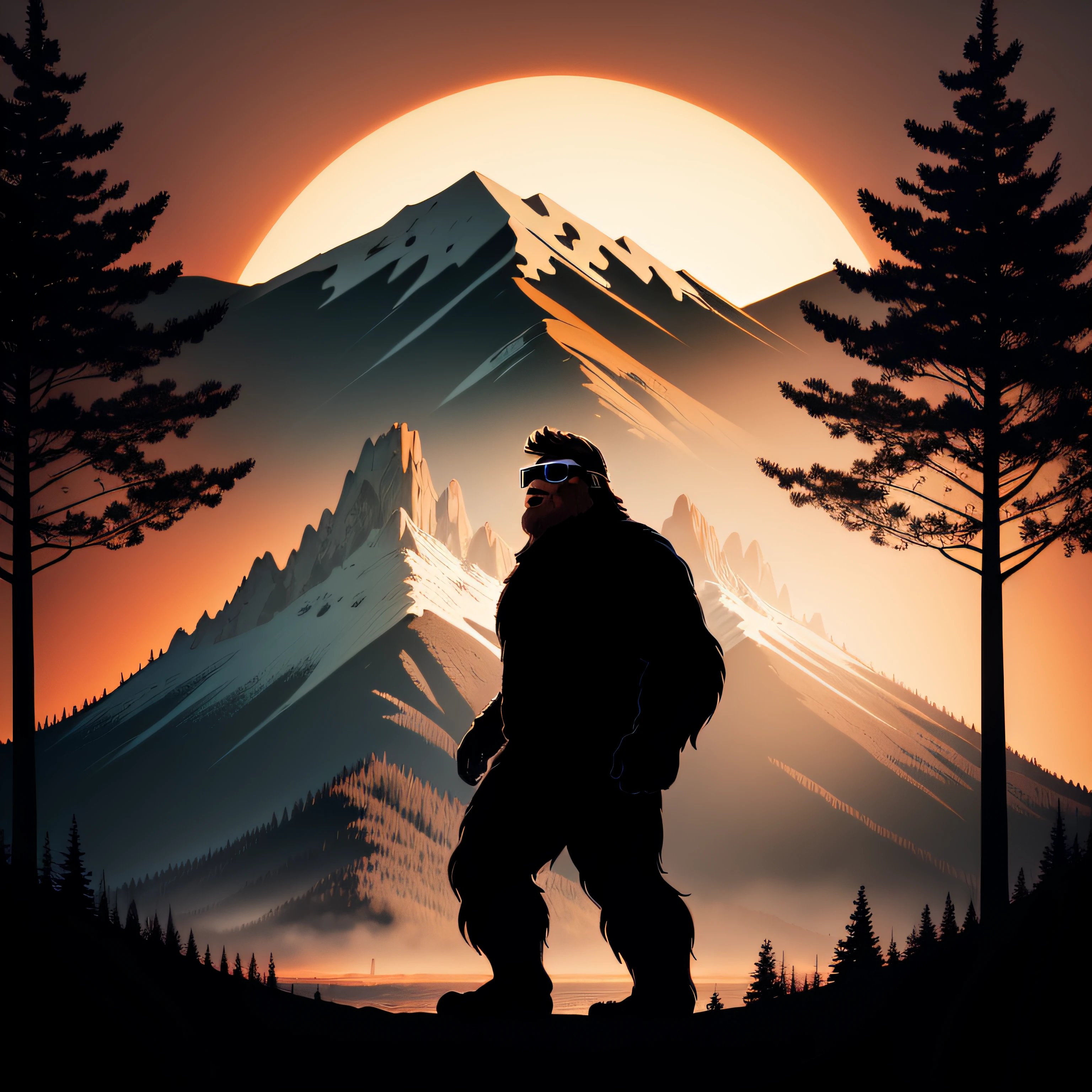 bigfoot sasquatch silhouette wearing sunglasses and walking in the forest silhouette, background sunset and mountain, full illustration drawing for t-shirt printed