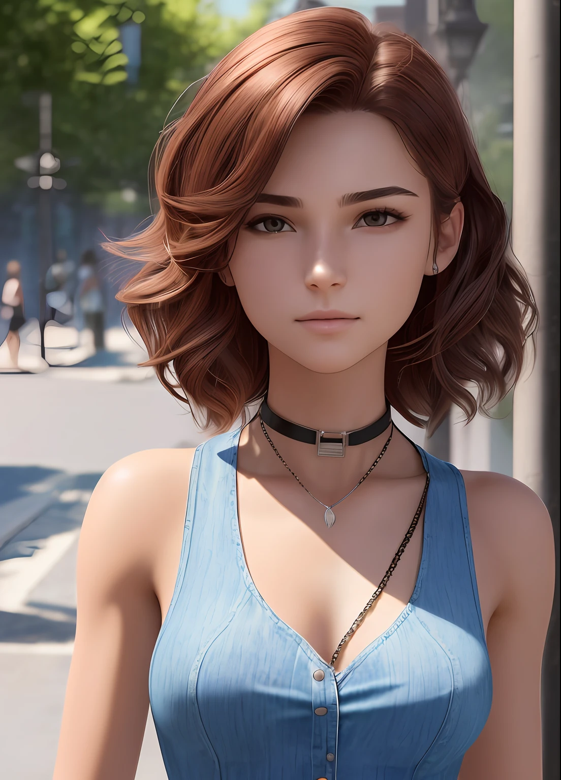 ((medium chest, tomboy girls, small head)), (chiselled abdomen: 1.1), (perfect body: 1.1), (short wavy hair: 1.2), red hair, collar, chain, full body photo, busy street, wearing black tank top, denim jacket, ((shorts)), (extremely detailed CG 8k wallpaper), (an extremely delicate and beautiful masterpiece), (best quality: 1.0), (high resolution: 1.0), beautiful lighting, perfect rays,  Realistic shadows, [Highres], Detailed skin, ultra-detailed(((colored)))