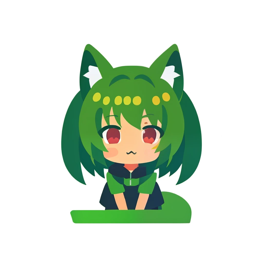 超A high resolution, nffsw, Best aesthetic, Best Quality, masutepiece, ik1、I'm rooting for you、1girl in、Jade-colored jacket、cartoon bone、Green Hair Anime Girl, anime moe art style, flat anime style, cute anime catgirl, Nekomimi, Anime girl with cat ears, anime catgirl, digital anime illustration, Digital Green Fox, girl with cat ears, In front of a computer, Plain white background in anime style