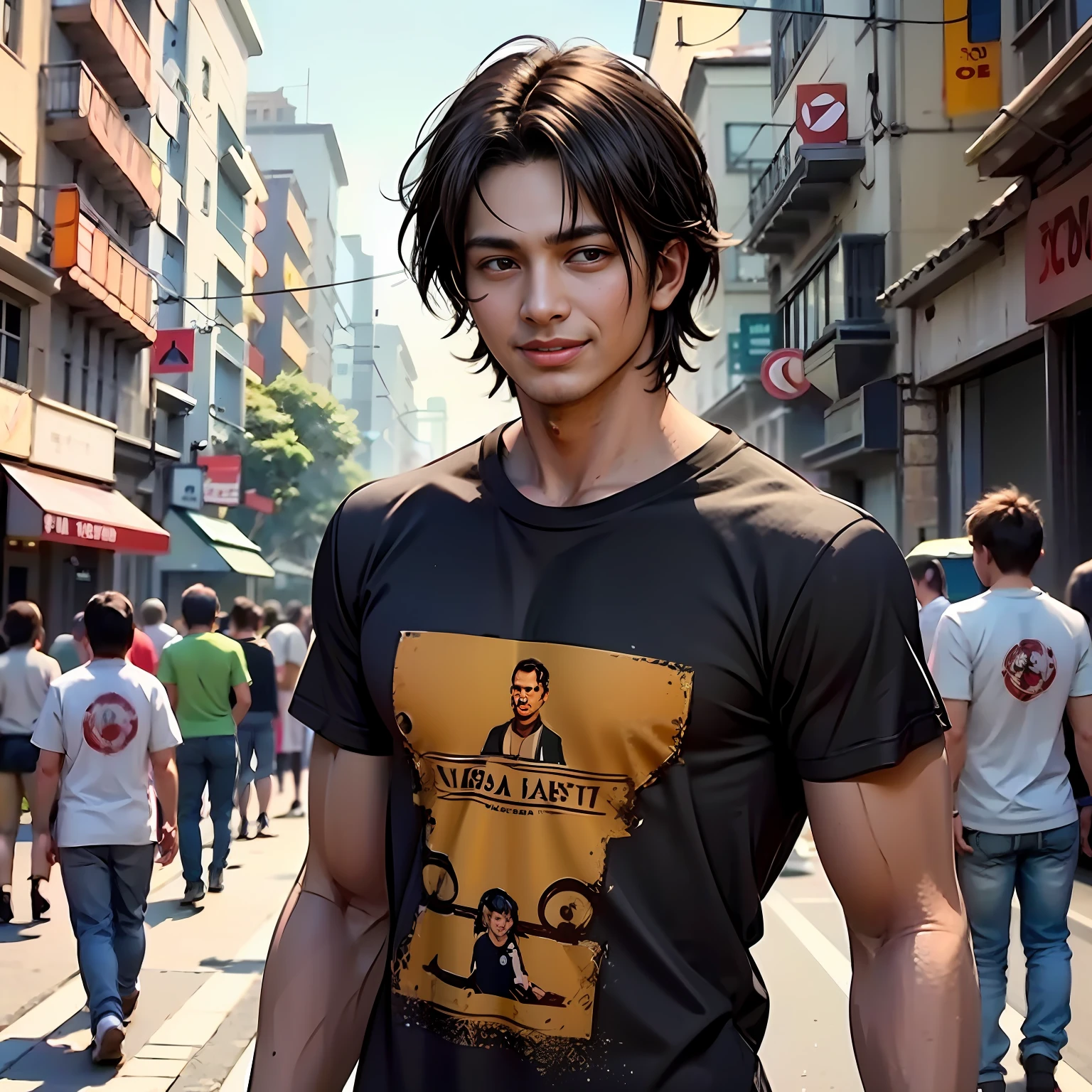 camiseta color negro con dorado camiseta ajustada al cuertpo ultra realista, 16-year-old boy with brown cinnamon skin, cuerpo atletico tonificado cabello liso,masculino serio pensativo observador tiene el dorso desnudo camiseta negra ajustada al cuerpo caminando, sonriendo  por las calles de una moderna ciudad un amigo cernaco se acerca por atras y lo abraza