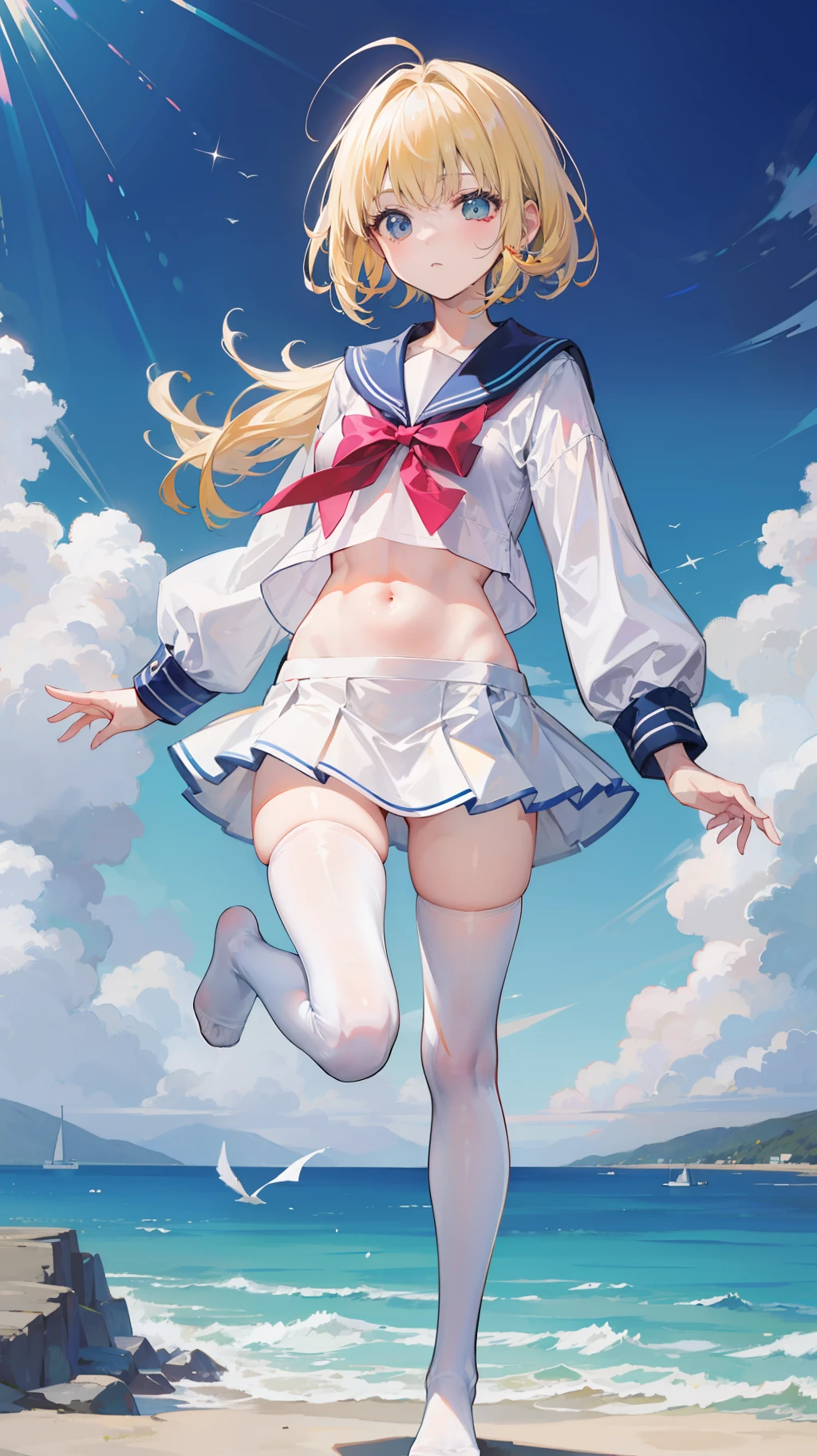 Masterpiece((tmasterpiece)),(White color blouse),((Black JK miniskirt)),(White transparent stockings),adolable,is shy,(Long yellow)Hair,red bowtie,long leges,(Have by the sea),(Facing the sea),Open navel,No shoes on,(standing on your feet),(a sailor suit)