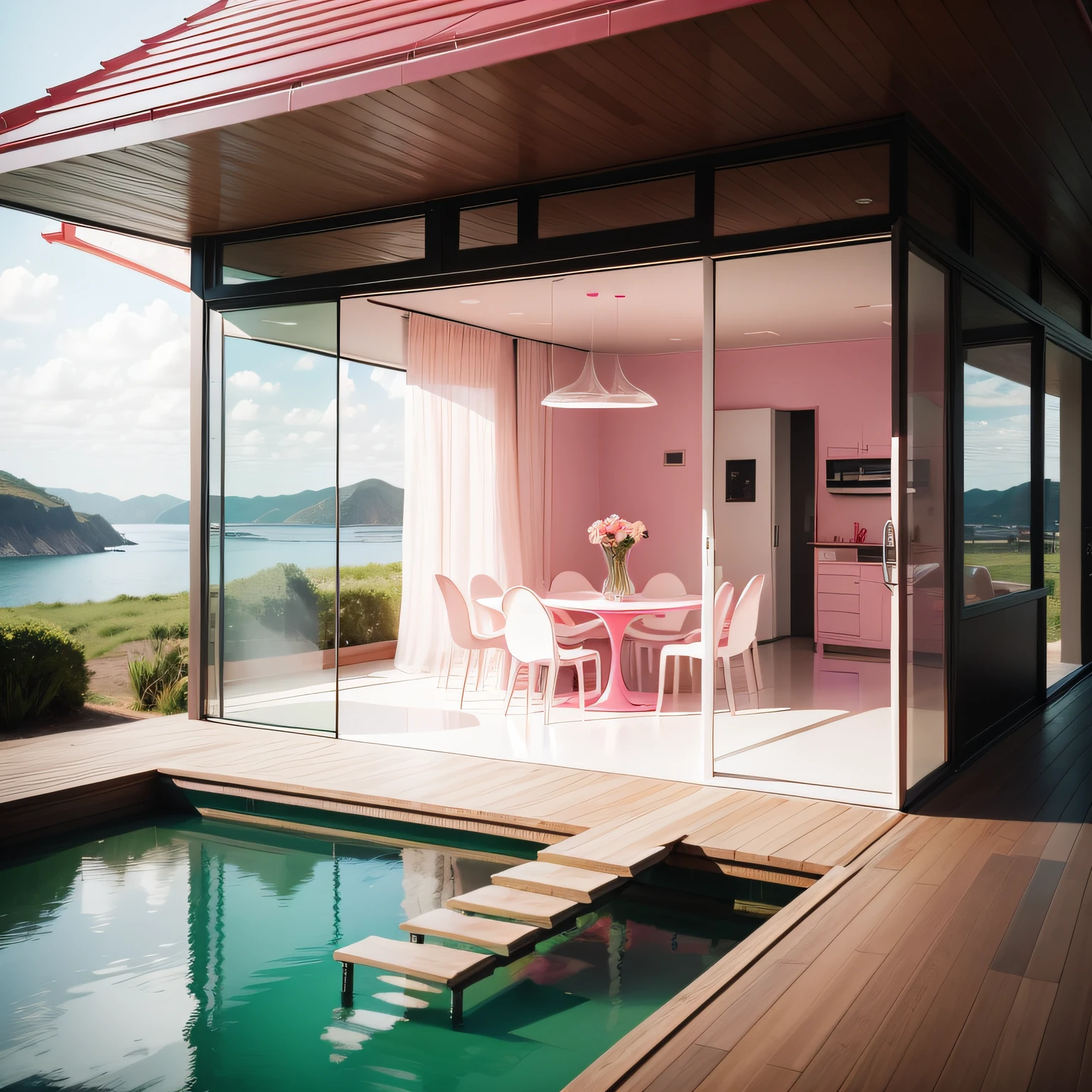 casa da barbie rosa projetada por bjarke ingels, ultra realista, Translucent glasses