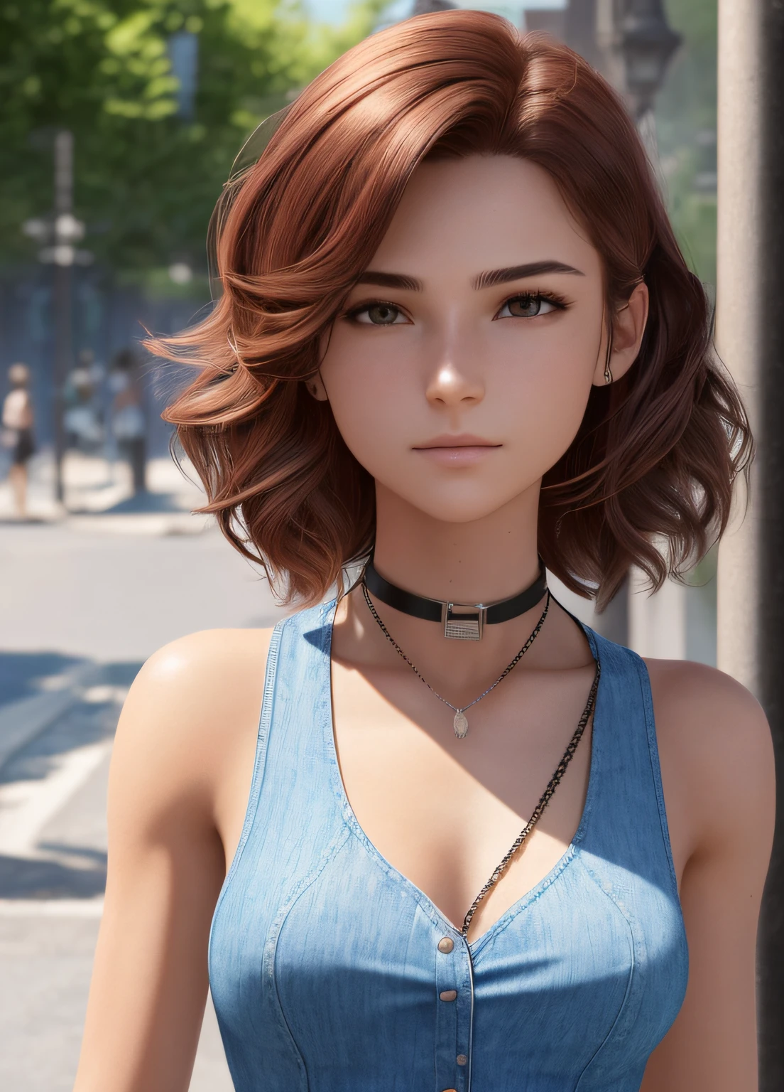 ((medium chest, tomboy girls, small head)), (chiselled abdomen: 1.1), (perfect body: 1.1), (short wavy hair: 1.2), red hair, collar, chain, full body photo, busy street, wearing black tank top, denim jacket, ((shorts)), (extremely detailed CG 8k wallpaper), (an extremely delicate and beautiful masterpiece), (best quality: 1.0), (high resolution: 1.0), beautiful lighting, perfect rays,  Realistic shadows, [Highres], Detailed skin, ultra-detailed(((colored)))