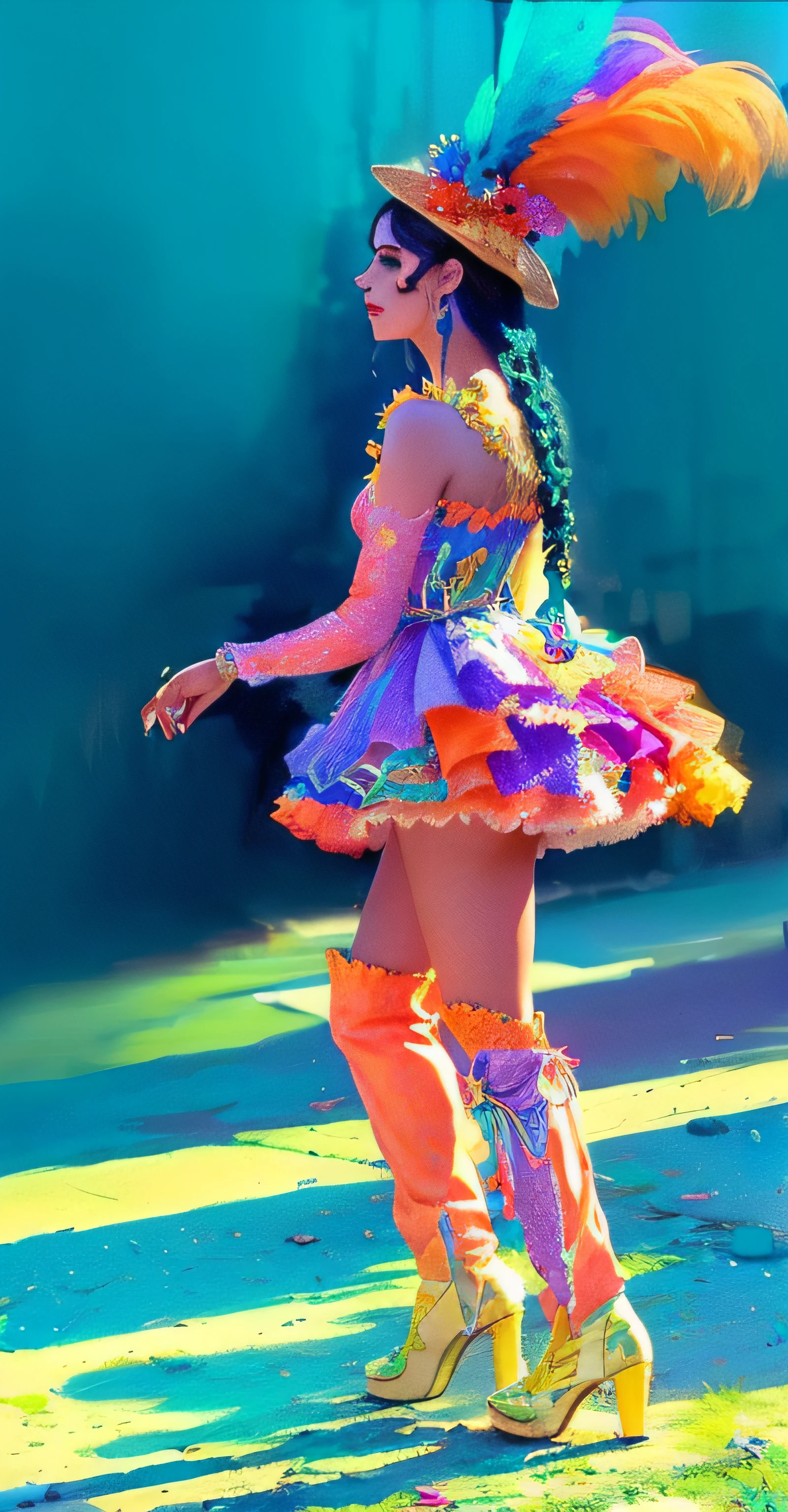 Araffe vestida con un traje colorido caminando por una calle, Hermoso disfraz, vestido colorido, celebration costume, Disfraz de joya, Disfraz elaborado, Girando, Traje naranja y amarillo, Audaz atuendo rave, Carnaval de Brasil, Carnaval, Vestimenta de concha marina, vestido con seda colorida, colorido, en una falda brillante, chica caramelo, moda colorida, colorido