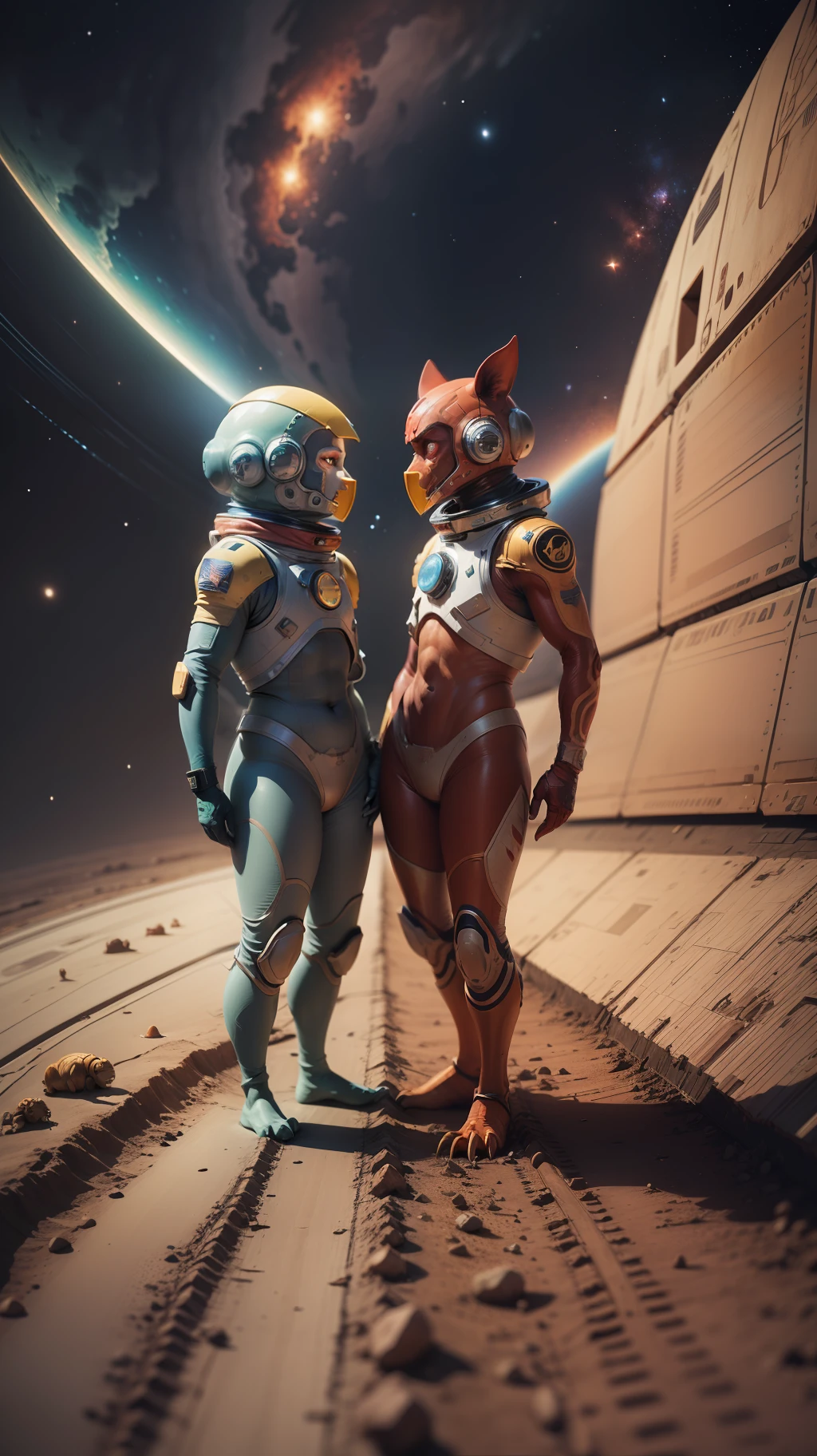 Red skin creatures talking to each other, on a red planet, in space.